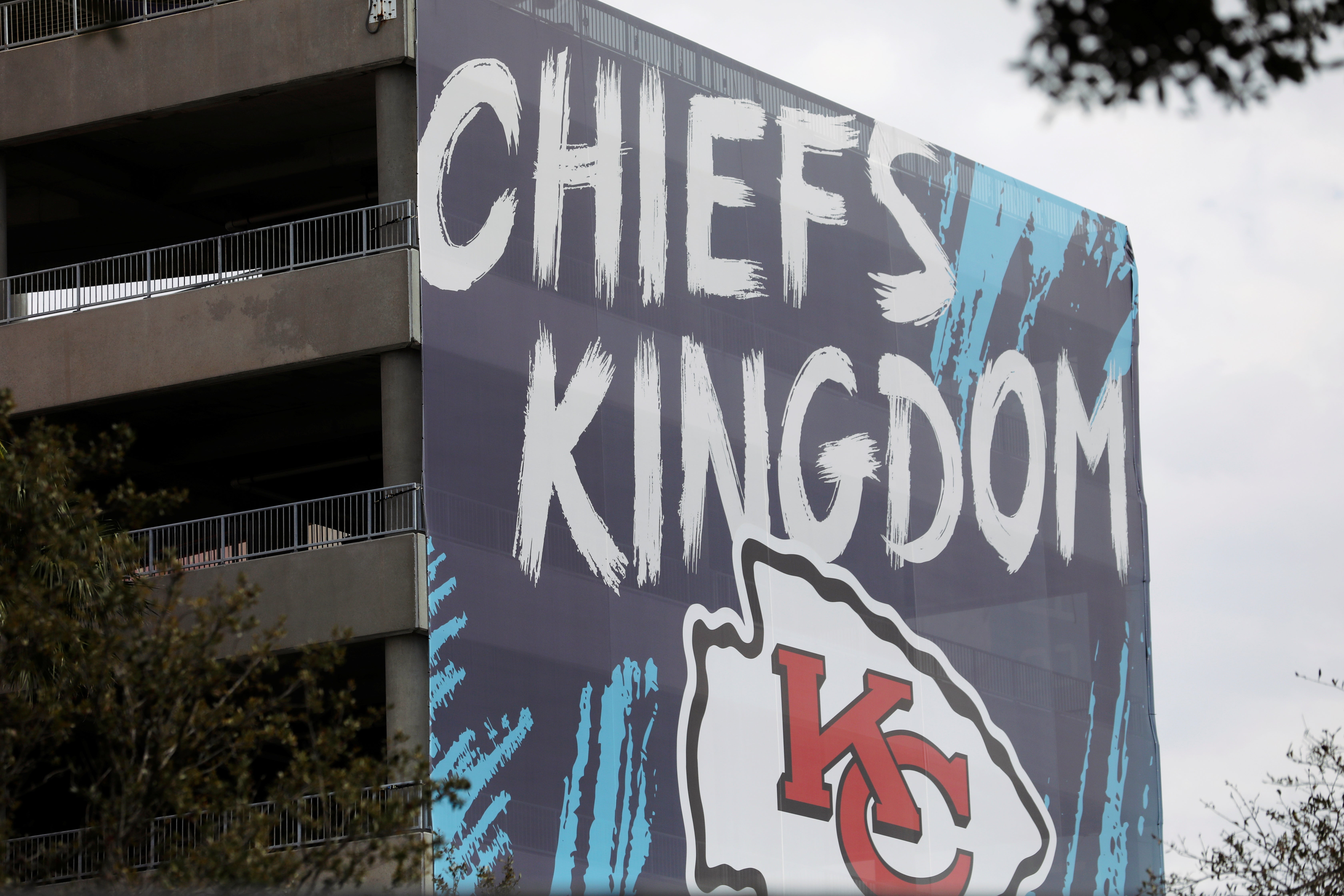 Super Bowl LV signage surrounds Raymond James Stadium ahead of the weekend's Super Bowl LV between the Kansas City Chiefs and Tampa Bay Buccaneers in Tampa, Florida