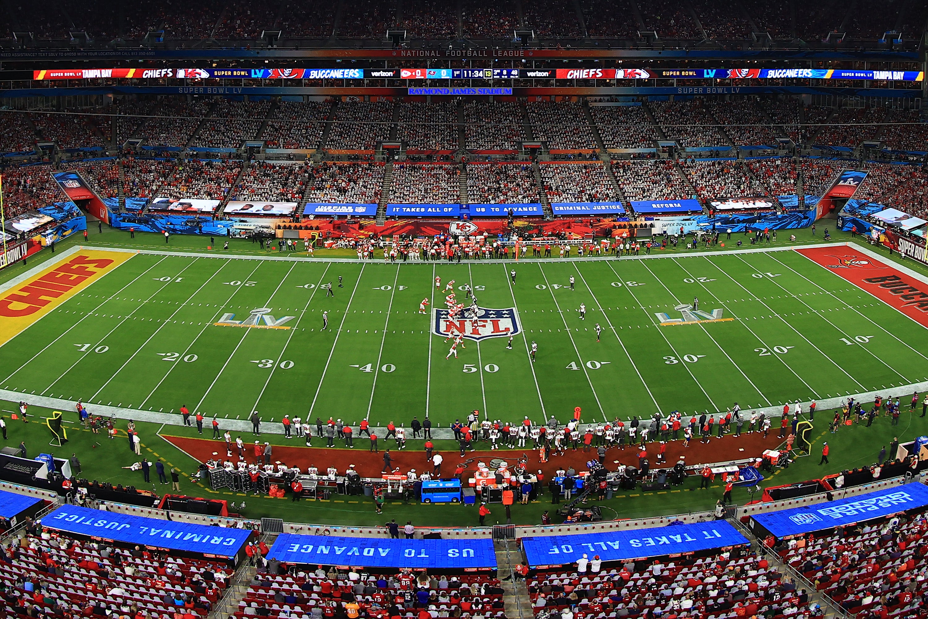 The Raymond James Stadium is just one-third full with fans socially distanced to stop the spread of Covid-19