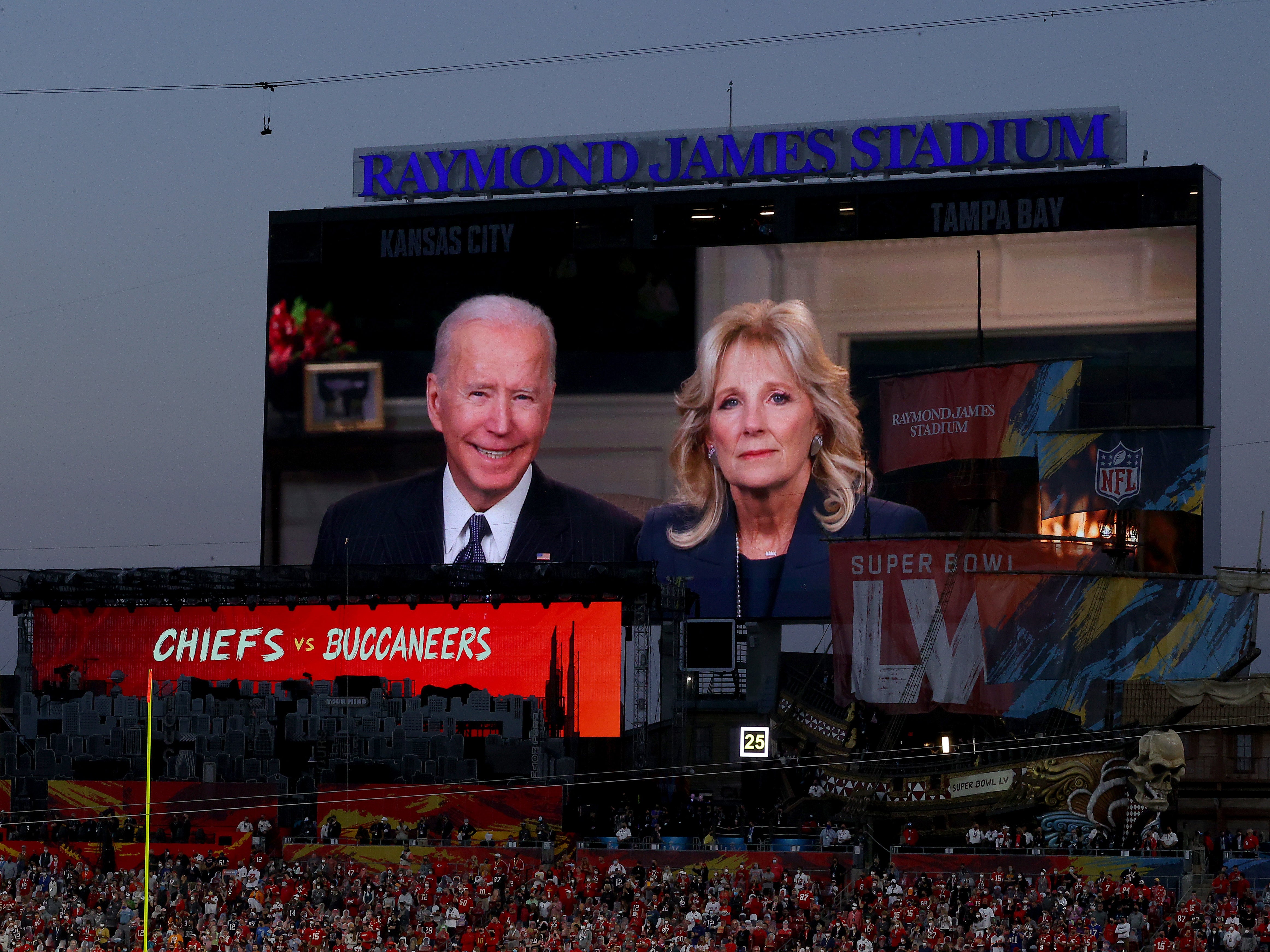 President Joe Biden and Dr Jill Biden deliver an address at Super Bowl LV