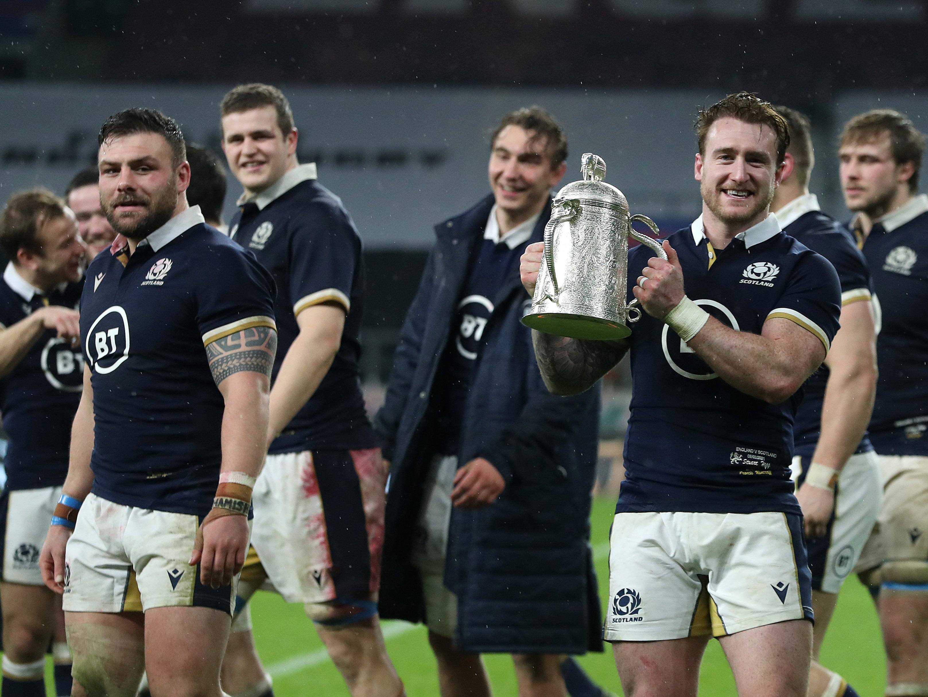 Scotland captain Stuart Hogg holds the Calcutta Cup after his side’s victory over England