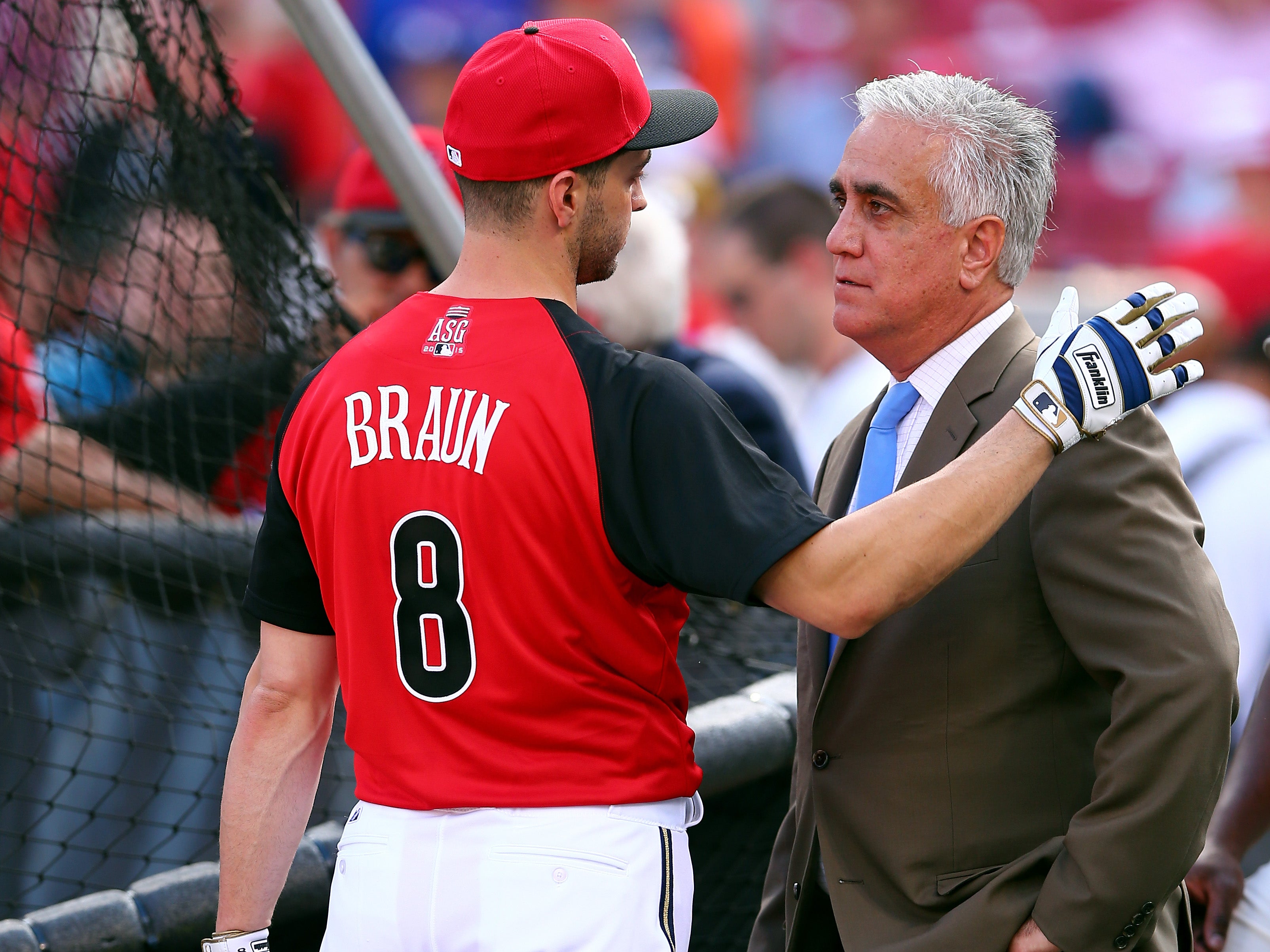 Ryan Braun of the Milwaukee Brewers speaks with Pedro Gomez of ESPN on July 14, 2015 in Cincinnati, Ohio.