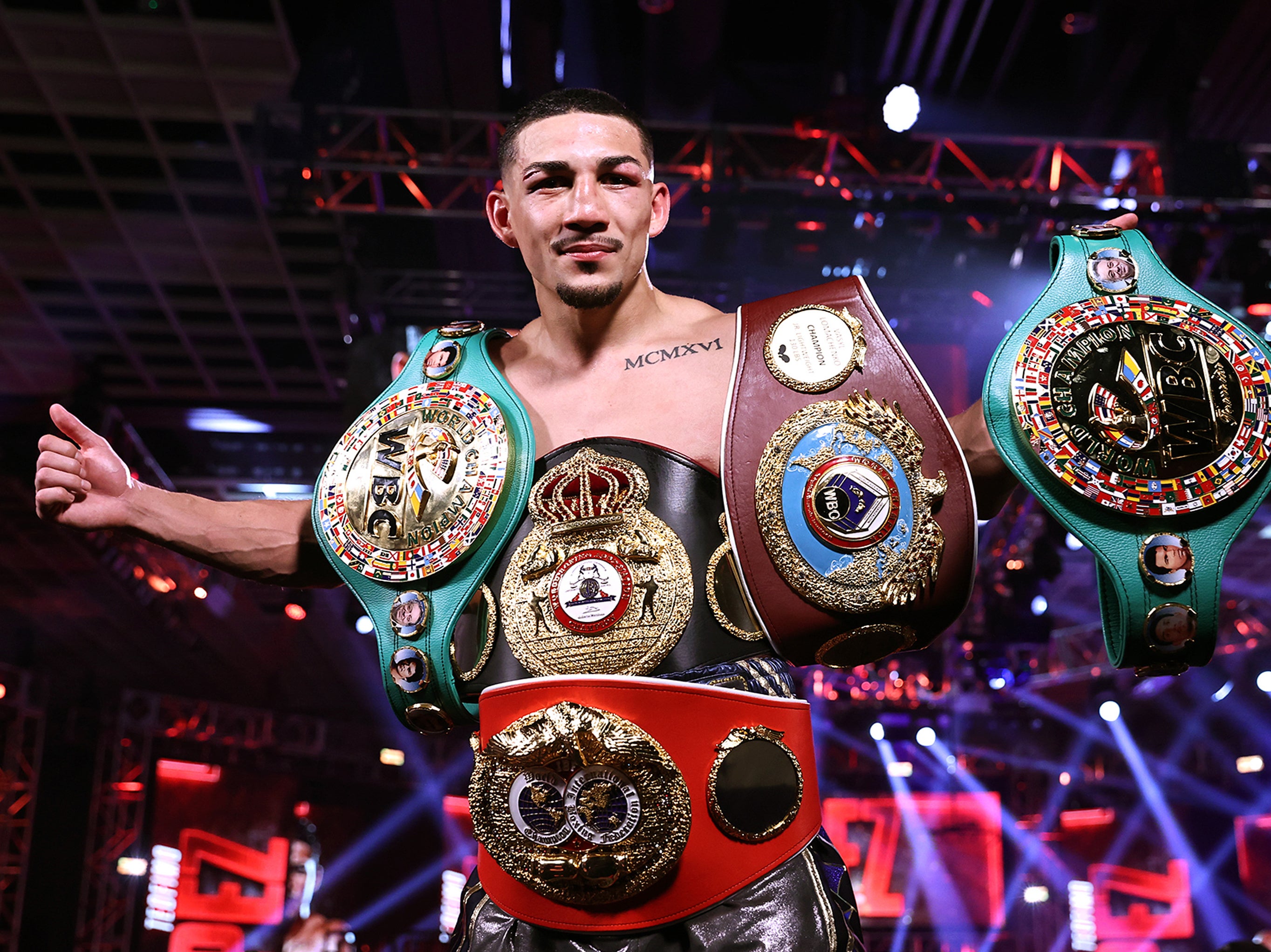 Teofimo Lopez celebrates defeating Vasyl Lomachenko