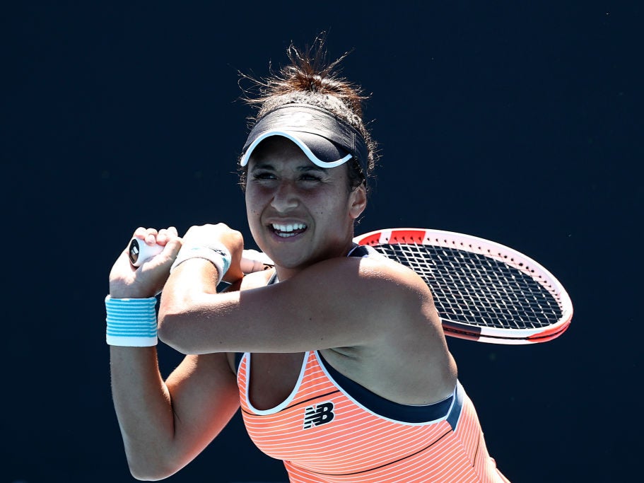 Heather Watson plays a backhand in her first round match against Kristyna Pliskova