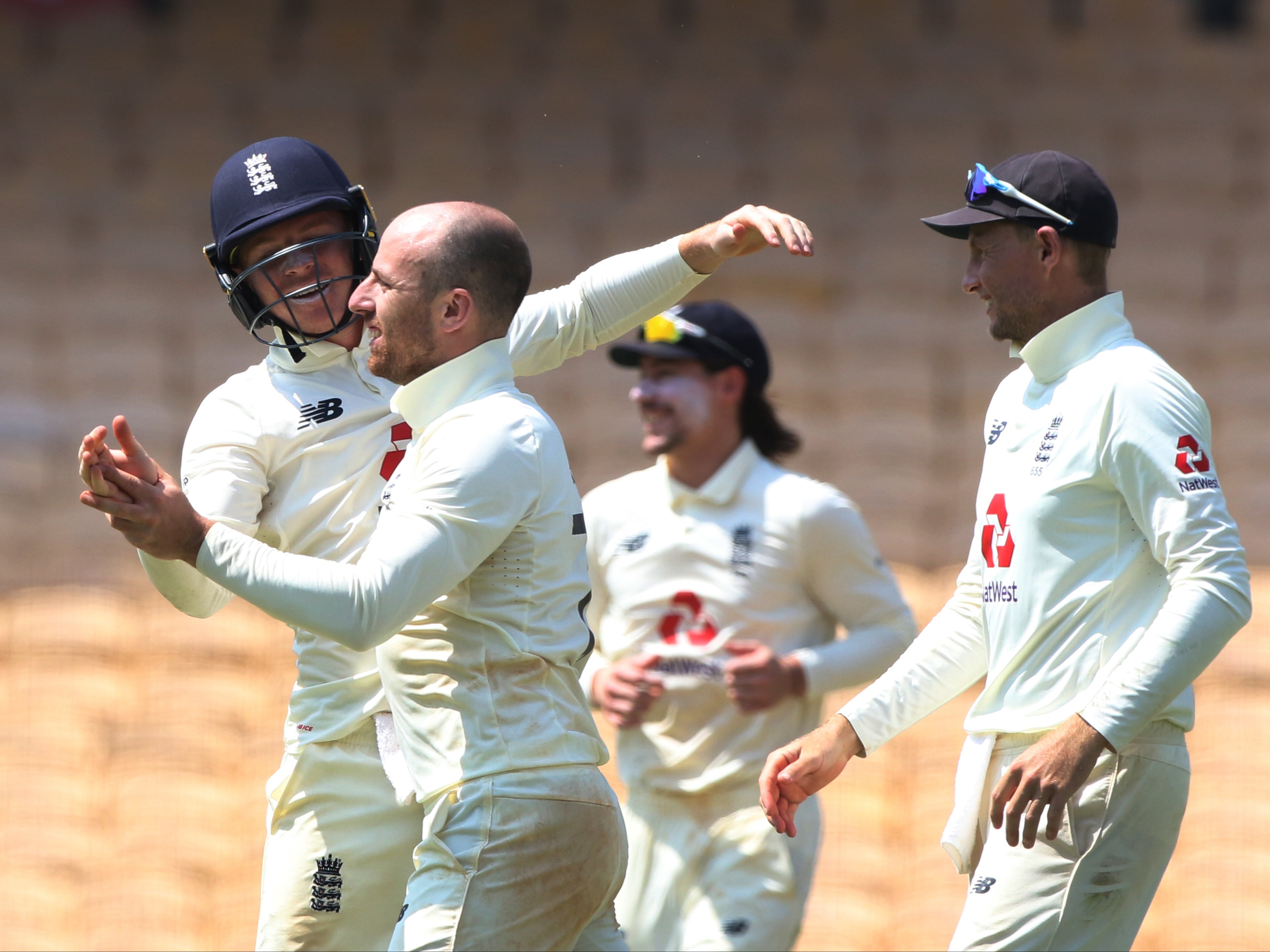 Jack Leach of England celebrates the wicket of Ravichandran Ashwin