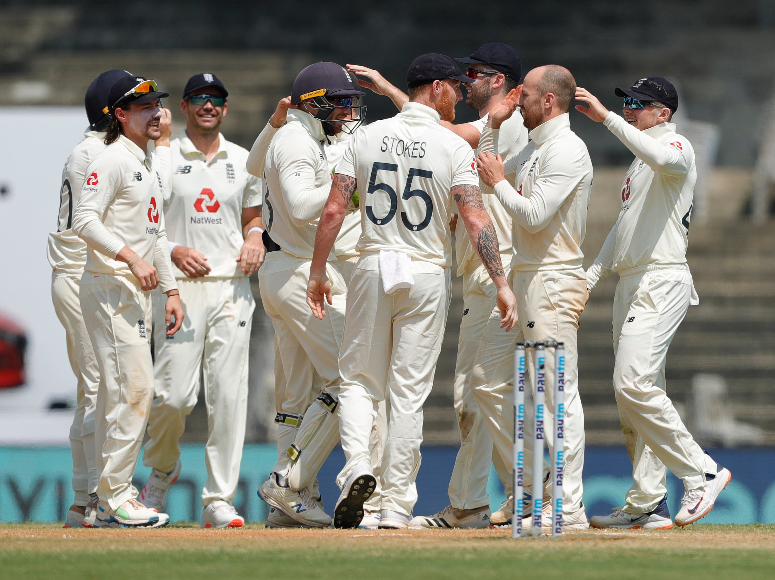 England celebrate on day five of the first Test in Chennai