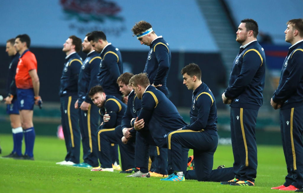 Scotland players line up in support of the Rugby Against Racism campaign