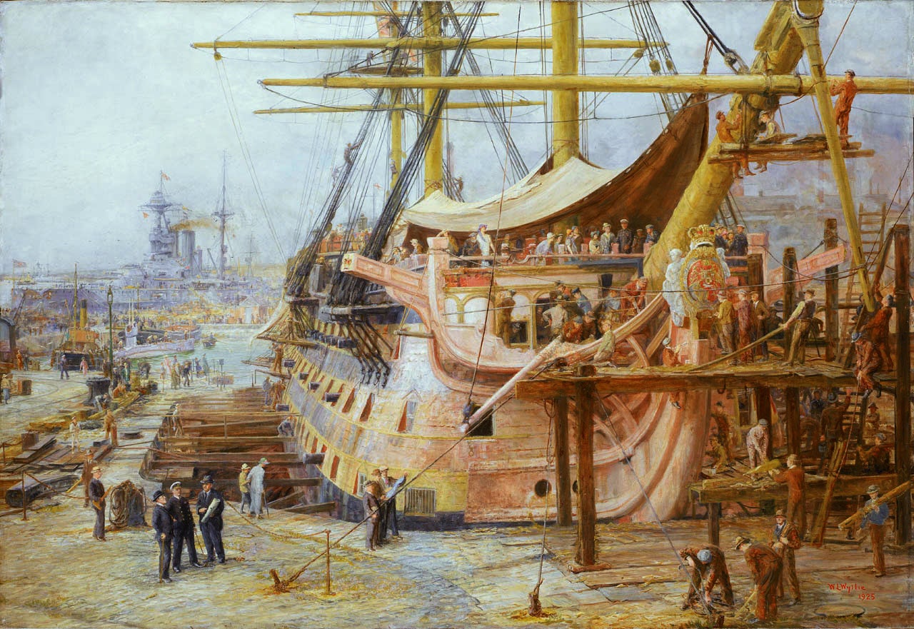 HMS Victory's recently 'rediscovered' early 19th-century figurehead sculpture (coat of arms, crown and two angels) featured in this painting of the historic vessel undergoing repairs in 1925