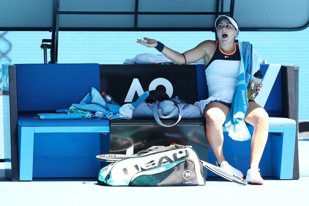 Bianca Andreescu talks to the chair umpire in her second round match against Su-Wei Hsieh