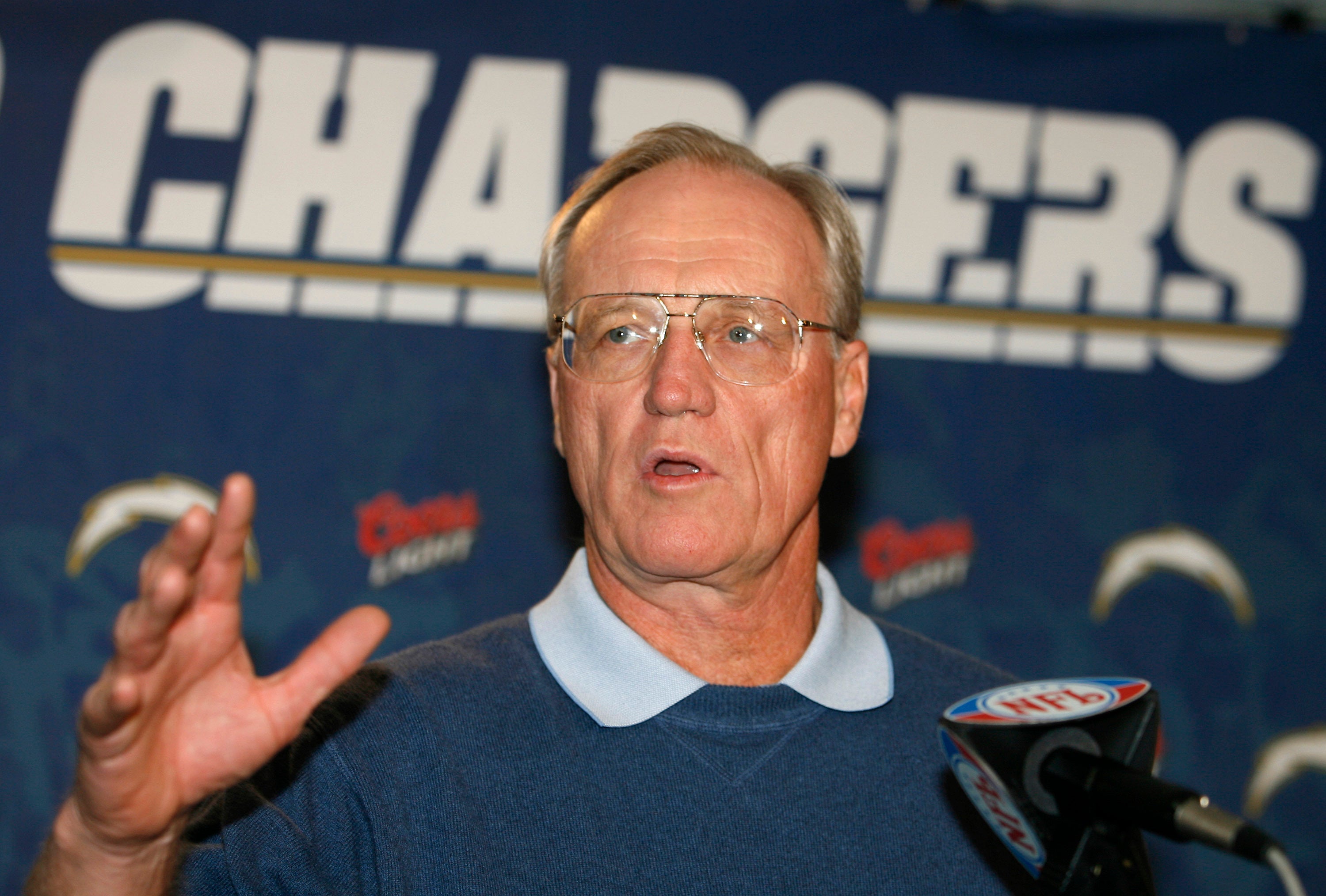 San Diego Chargers head coach Marty Schottenheimer answers a question at a news conference in San Diego, in this Wednesday, Jan. 17, 2007, file photo. Marty Schottenheimer, who won 200 regular-season games with four NFL teams thanks to his “Martyball� brand of smash-mouth football but regularly fell short in the playoffs, has died. He was 77. Schottenheimer died Monday night, Feb. 8, 2021, at a hospice in Charlotte, North Carolina, his family said through Bob Moore, former Kansas City Chiefs publicist. (AP Photo/Denis Poroy, File)