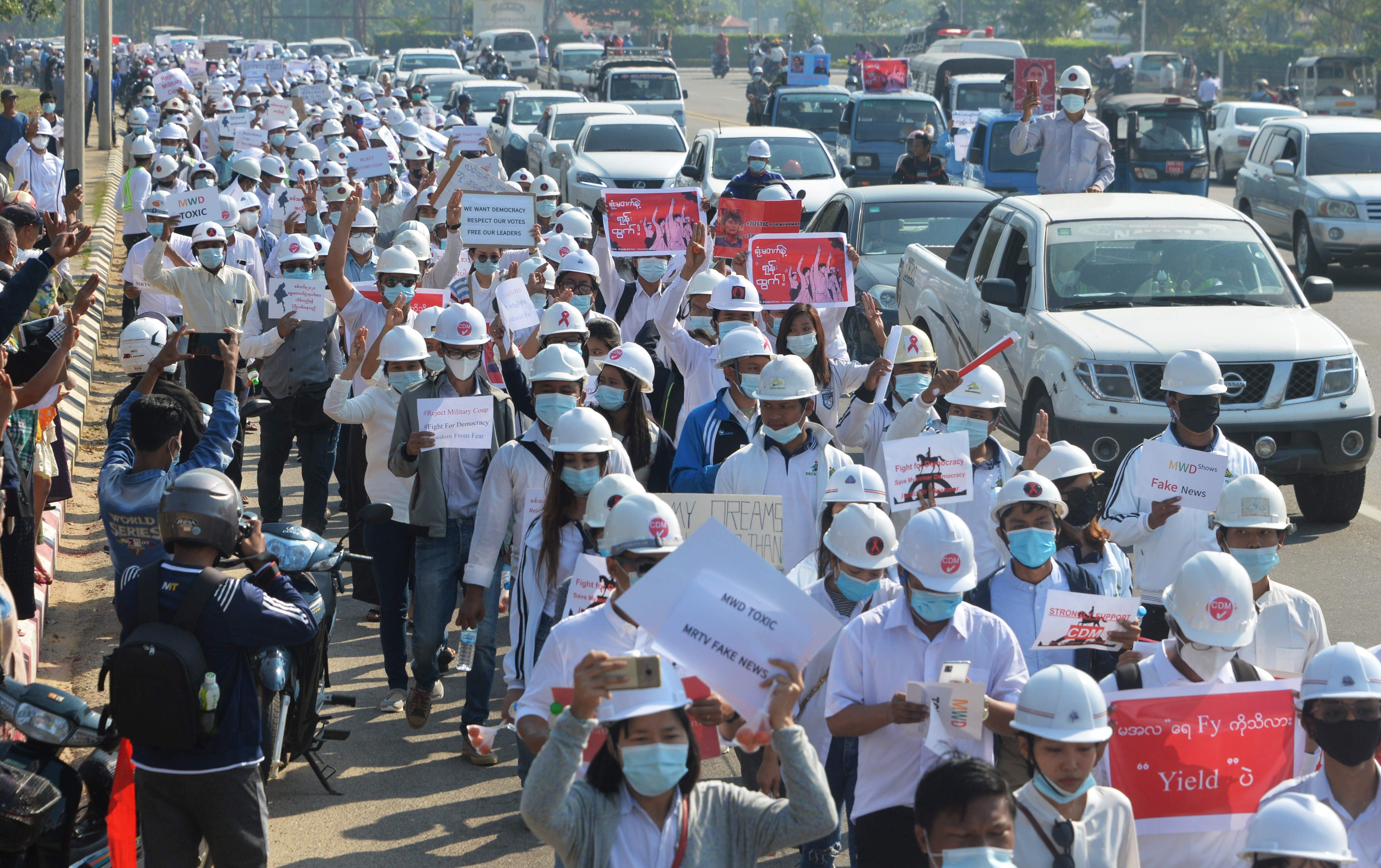 A group of engineers demonstrate against the military coup in Naypyidaw, Myanmar, on 11 February