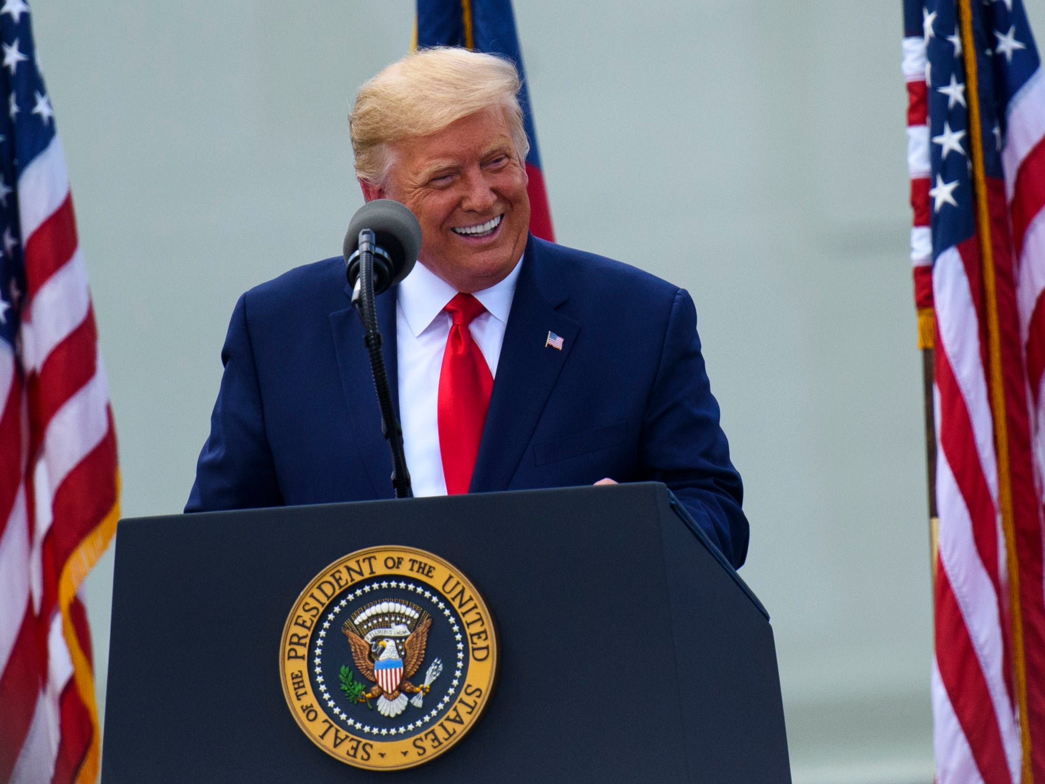 <p>Donald Trump speaks to a small crowd at the USS North Carolina battleship to make remarks at a ceremony designating Wilmington, NC as the nations first WWII Heritage City on 2 September 2020 in Wilmington, North Carolina</p>