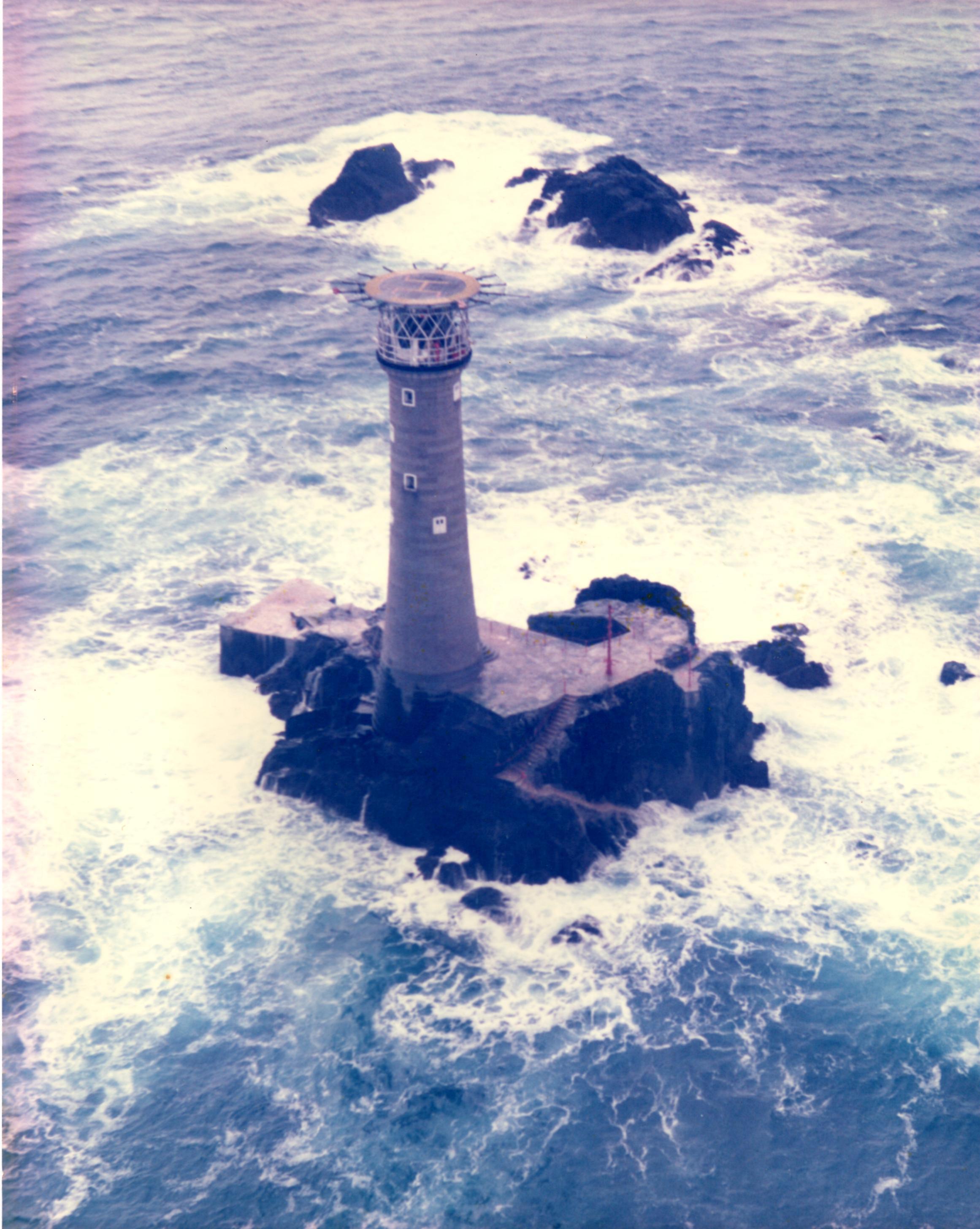 Longships Lighthouse, off the coast of Land’s End, captured from the helicopter before landing on the islet