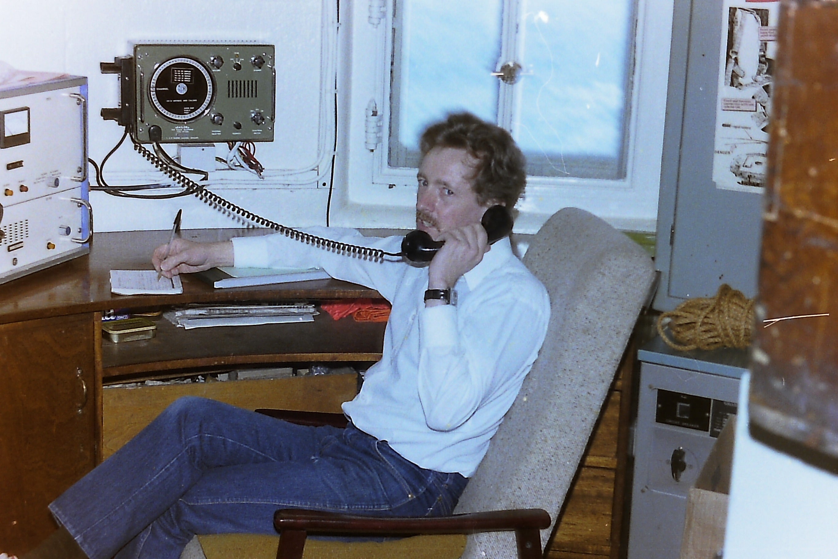 Hargreaves on the phone at Longships in 1987 – long-distance communication wasn’t always easy at remote lighthouses