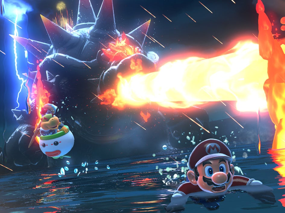 Mario evades his enemy's blast in the Bowser's Fury expansion game