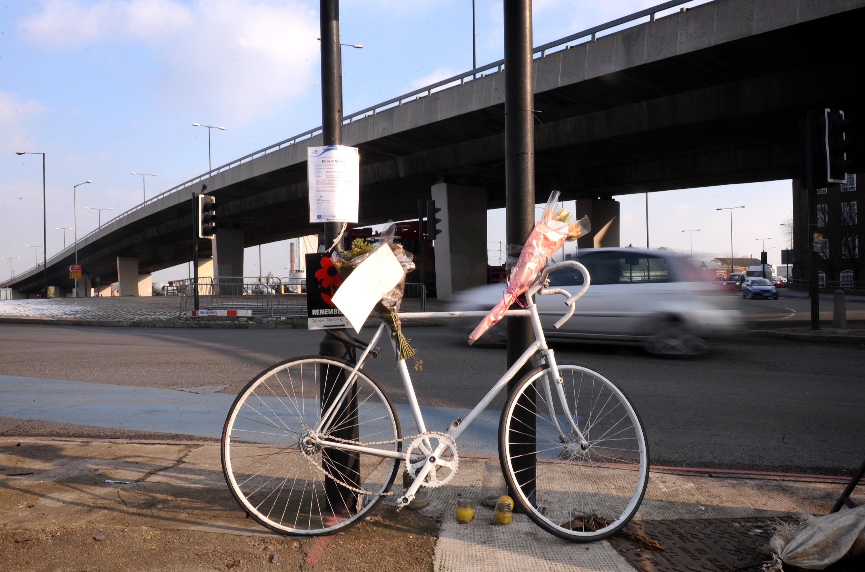 A Ghost Bike memorial to a dead cyclist at a roundabout in Bromley-By-Bow. Five hundred junctions are under review to improve cycle safety