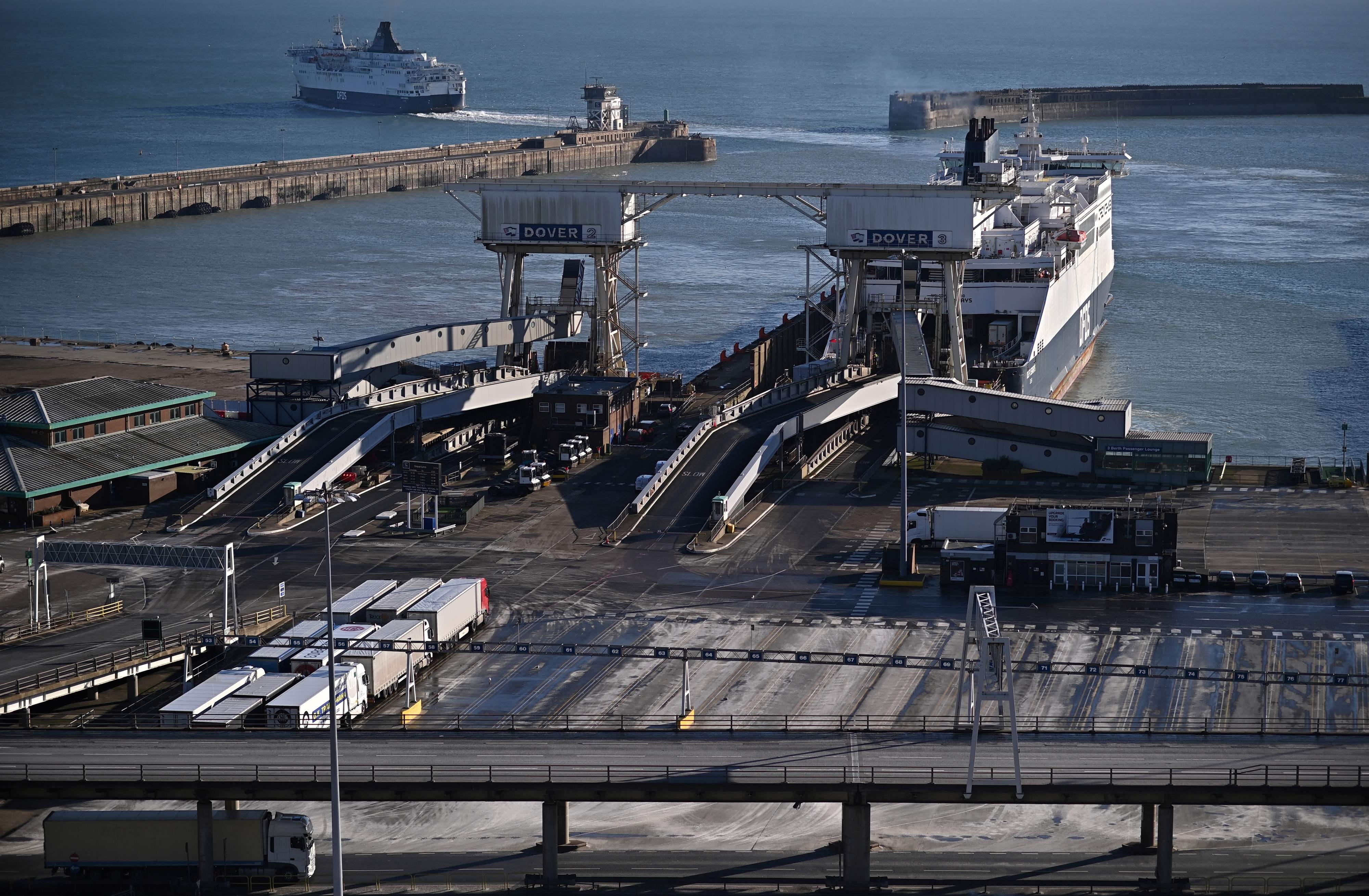 A ferry leaves the Port of Dover on the south coast of England in January