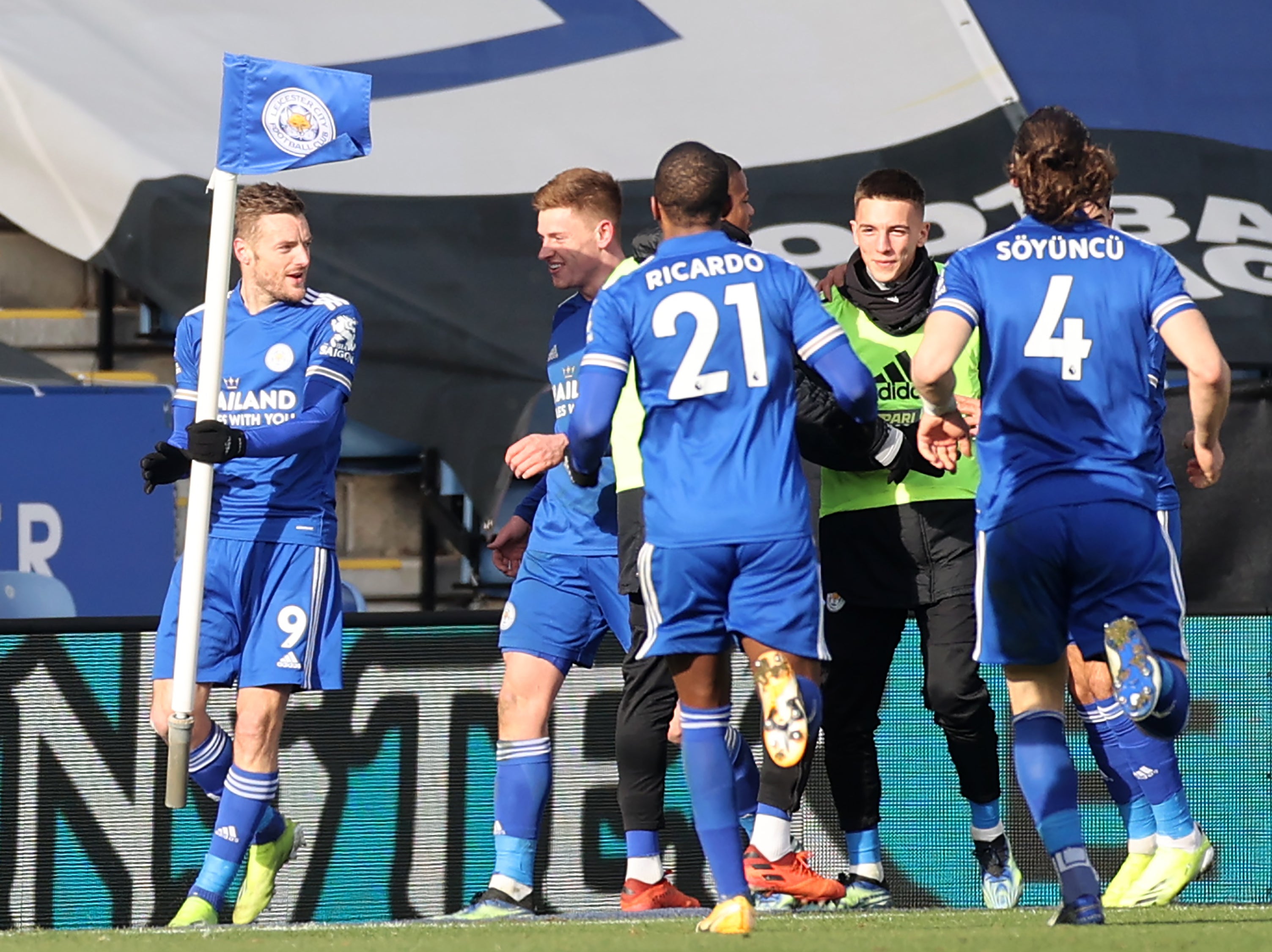 Leicester celebrate after Liverpool collapsed at the King Power