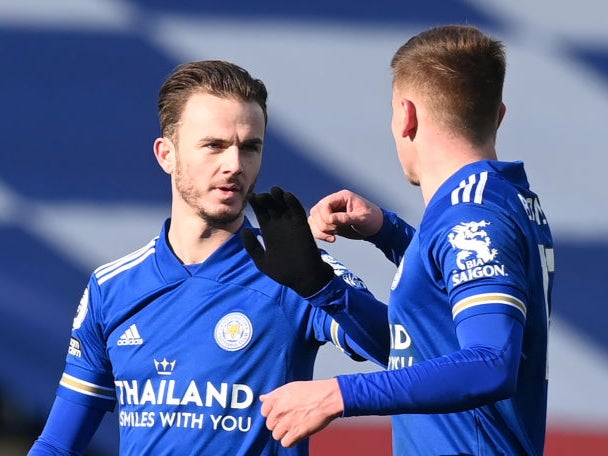 James Maddison celebrates with Harvey Barnes