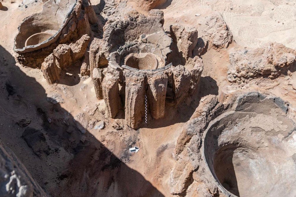 The remains of vats used for beer fermentation, uncovered in the Abydos archaeological site near Egypt’s southern city of Sohag