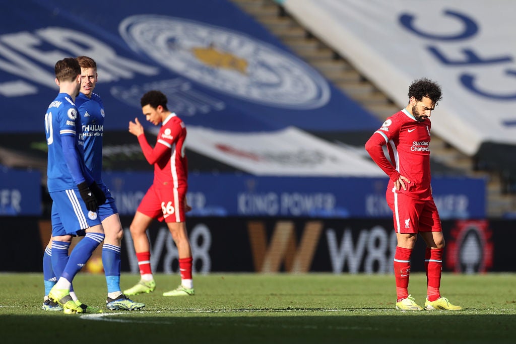 Trent Alexander-Arnold and Mohamed Salah react after conceding against Leicester