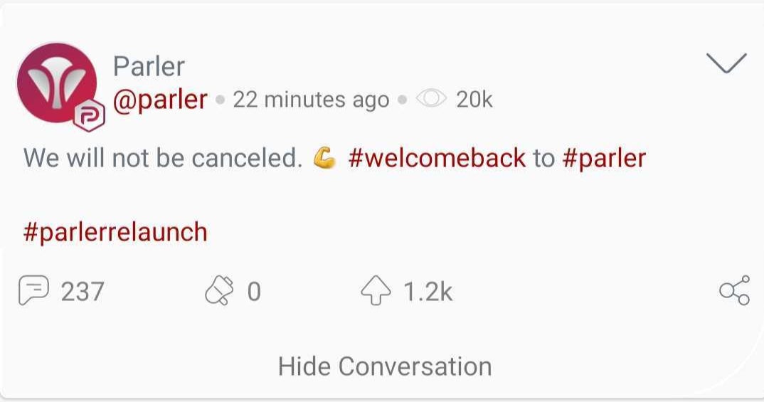 Parler’s first post after returning online