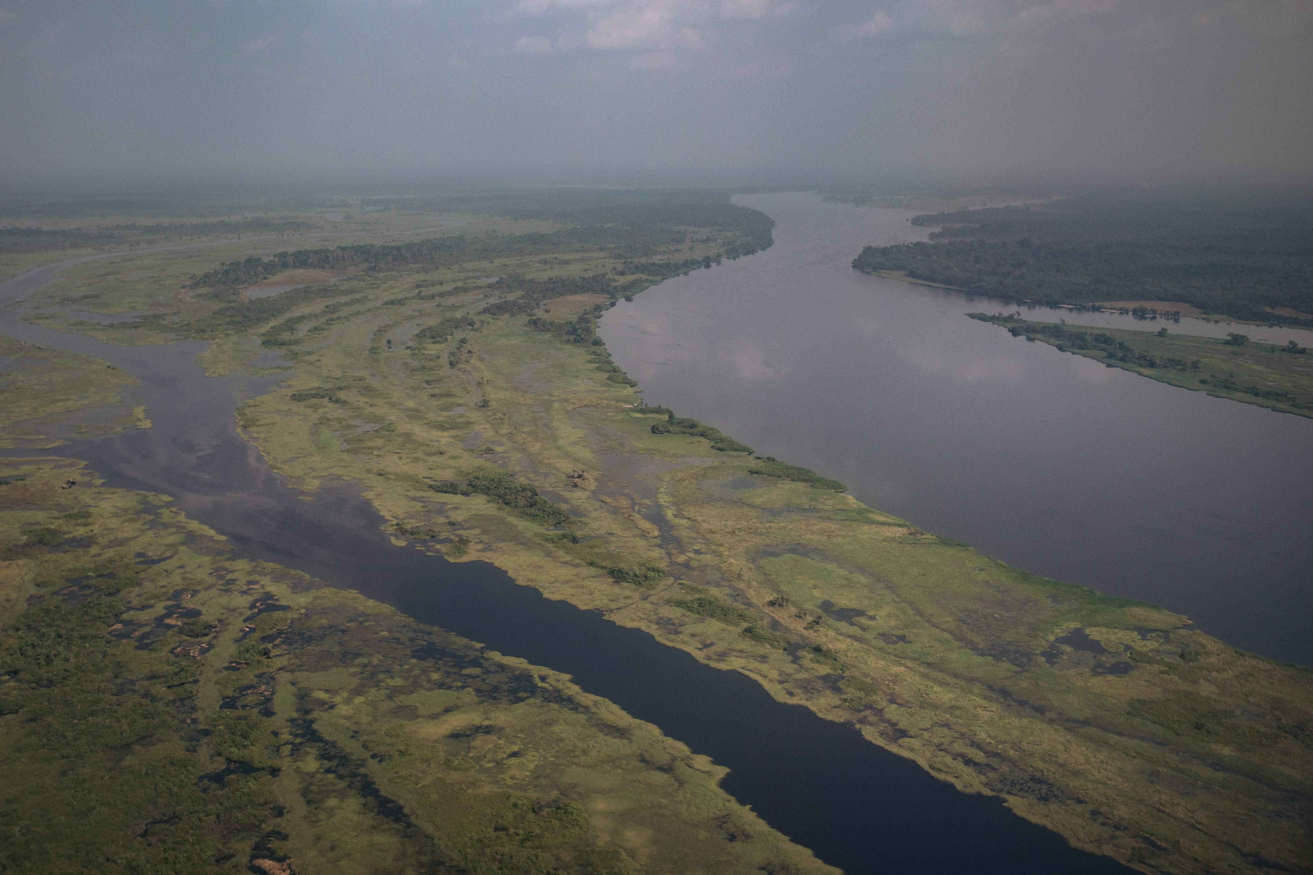 An aerial view of the Congo River on the outskirts of Mbandaka