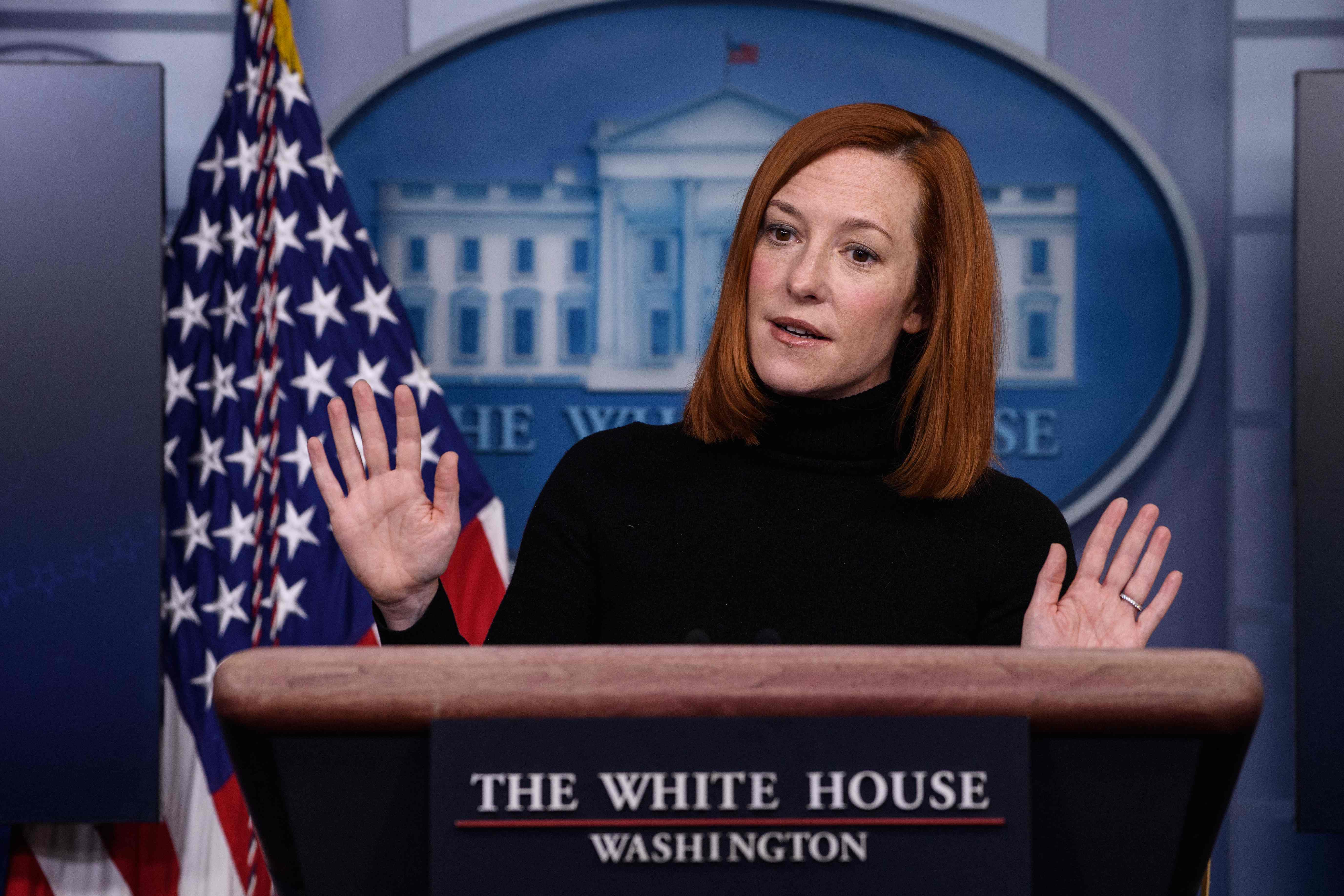 White House Press Secretary Jen Psaki speaks during a news briefing at the James Brady Press Briefing Room of the White House February 16, 2021 in Washington, DC.