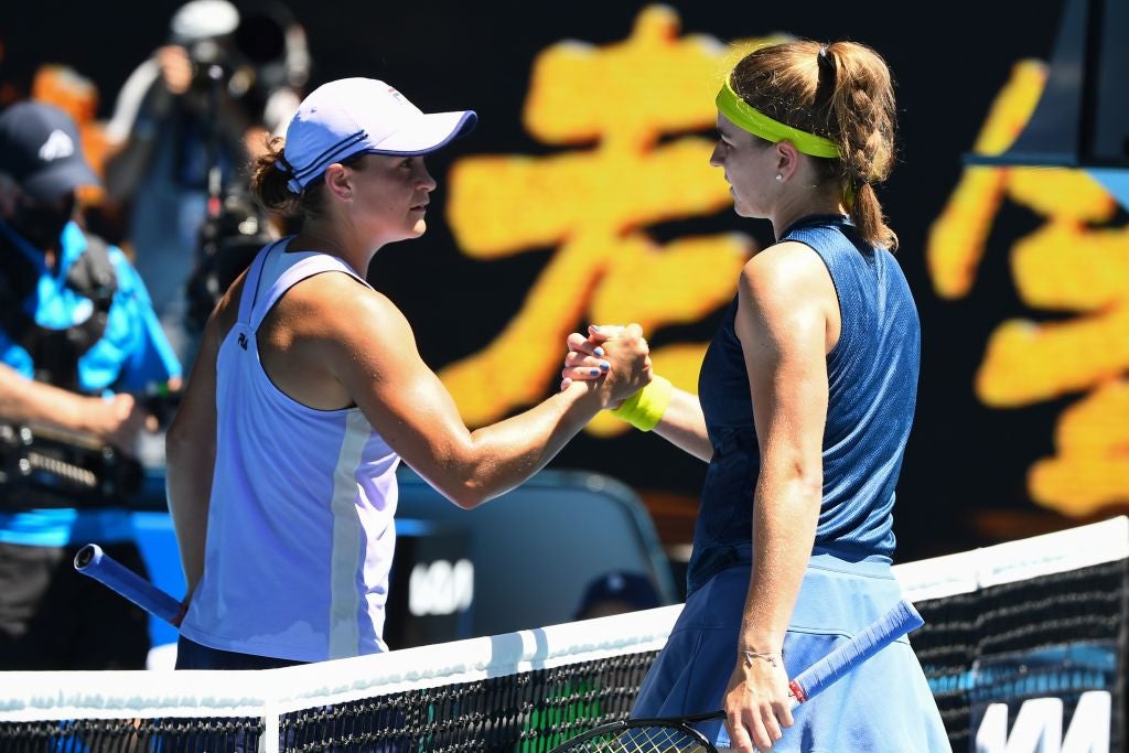 Karolina Muchova shakes hands with Ashleigh Barty