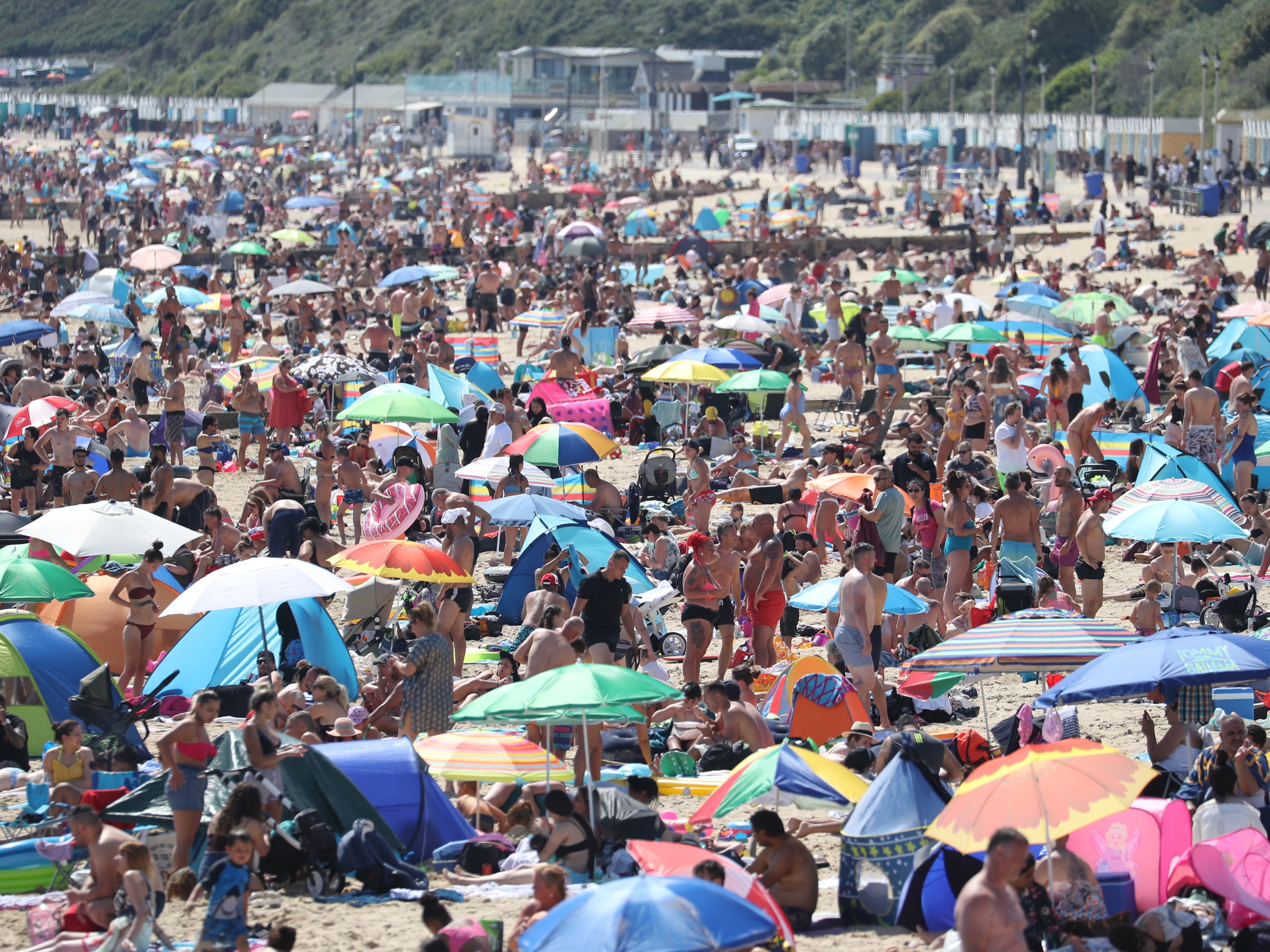 Crowded beach in Bournemouth in June 2020