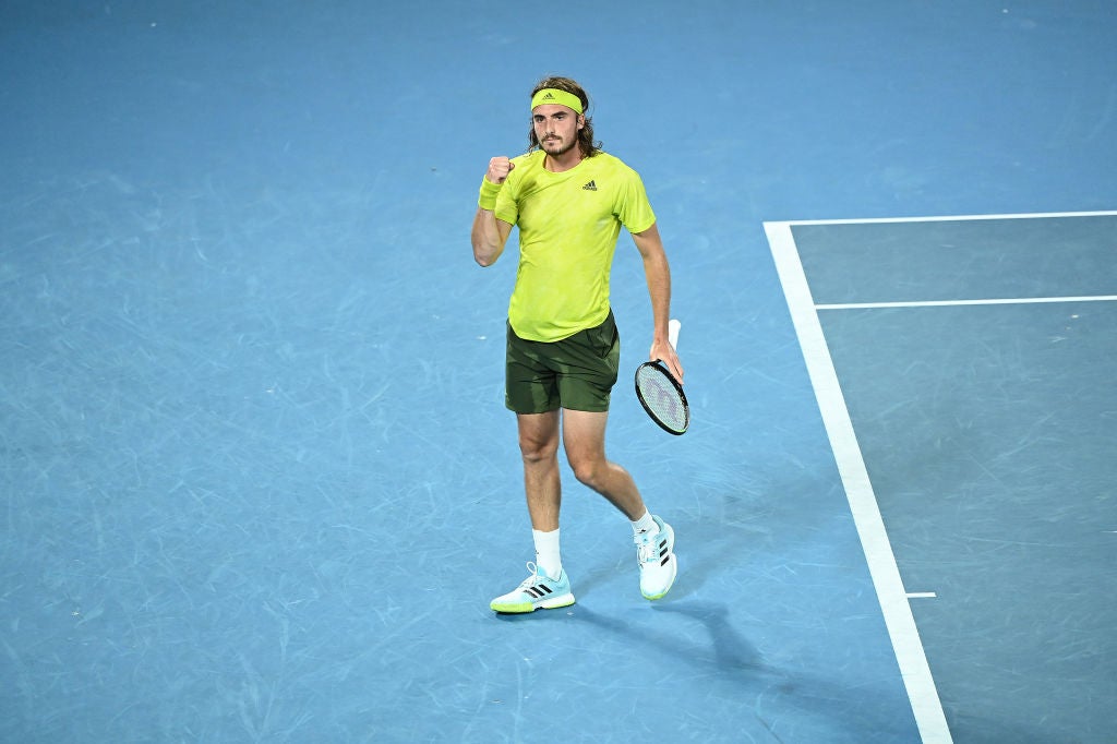 Stefanos Tsitsipas of Greece celebrates winning a point against Rafael Nadal