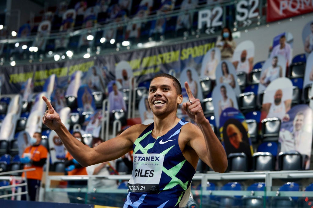 Elliot Giles of Great Britain celebrates his World Leading Result