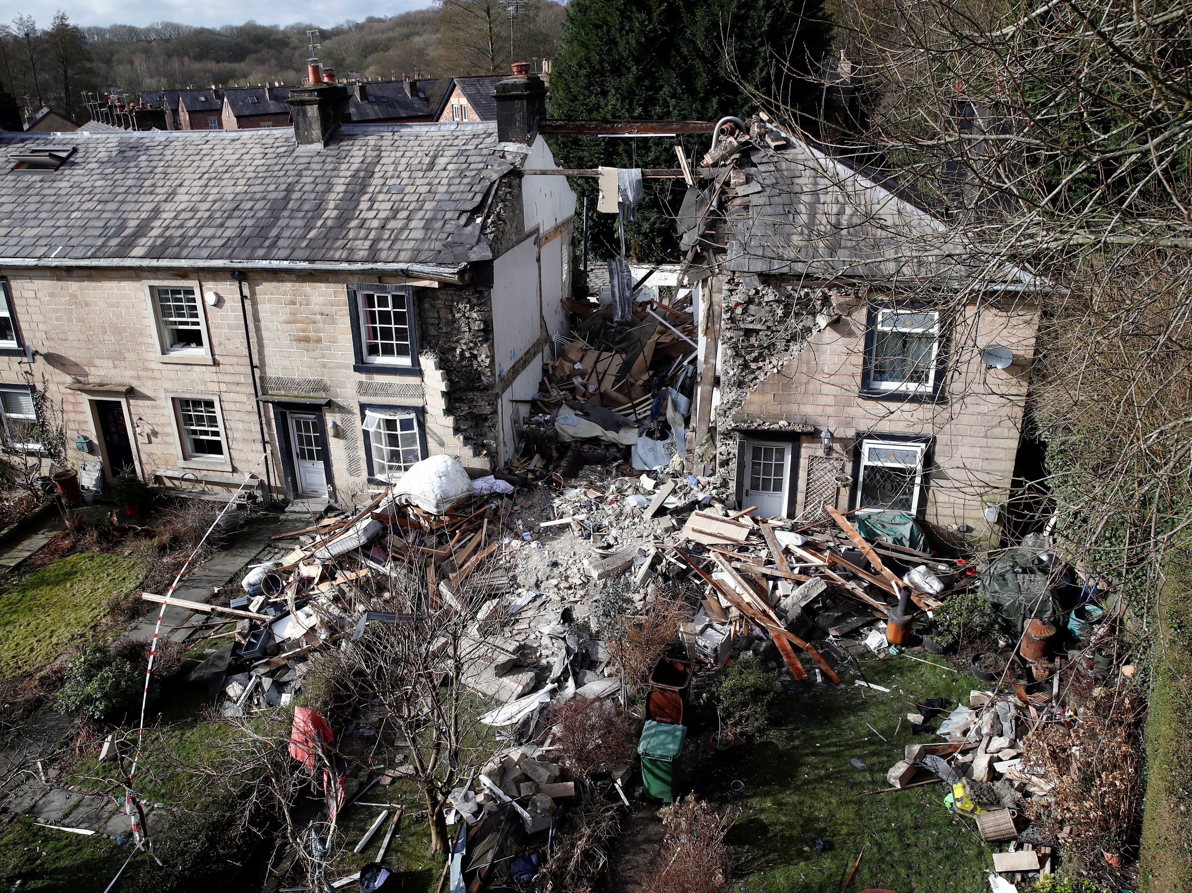 Debris from explosion at house in Summerseat, near Bury