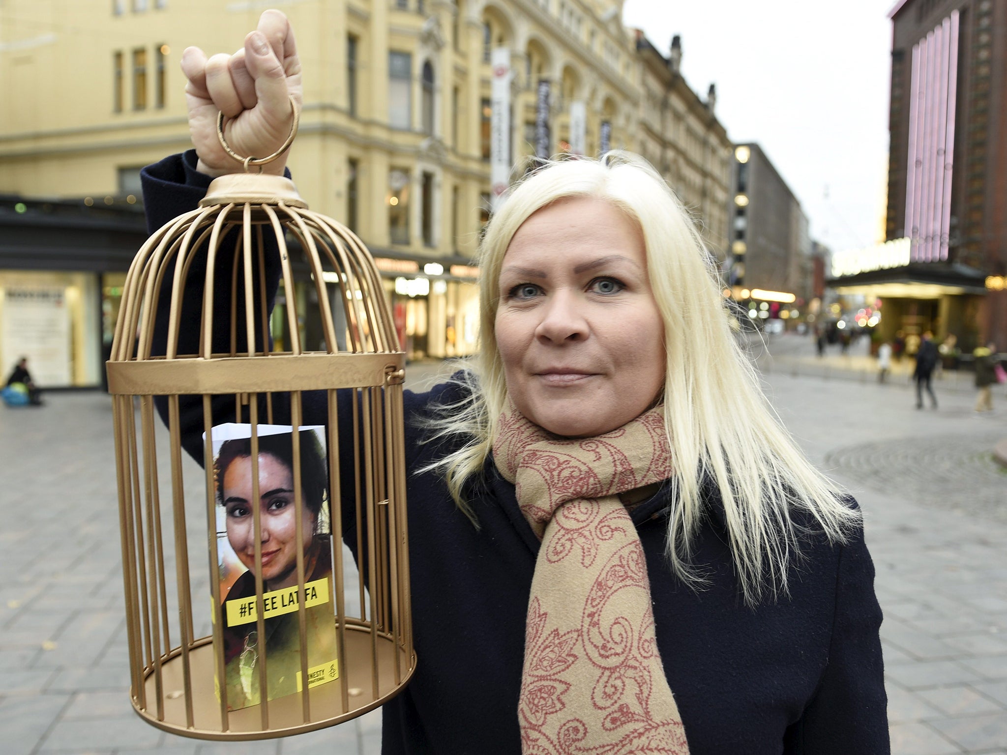 Tiina Jauhiainen attends an Amnesty demonstration to free Princess Latifa al-Maktoum, in Helsinki in October 2019