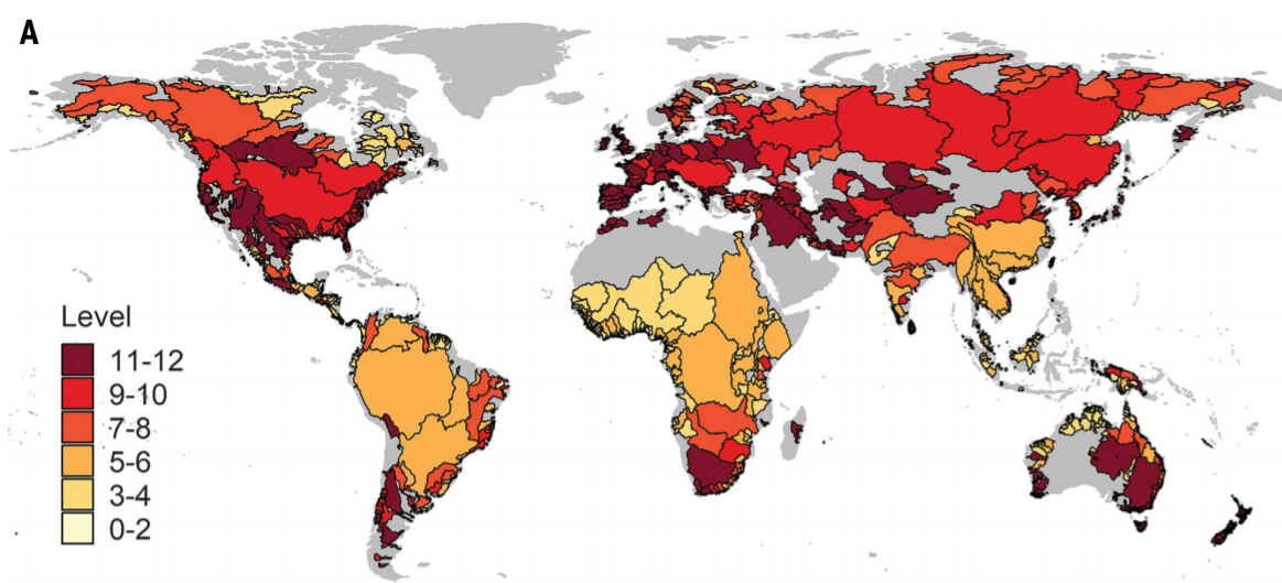 A map of fish biodiversity change in the world’s river basins since the start of the industrial era, with scores above six indicating a marked level of change