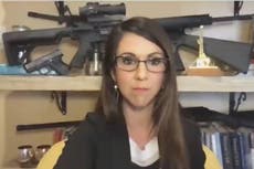 Lauren Boebert uses pile of guns as Zoom background in Congressional meeting