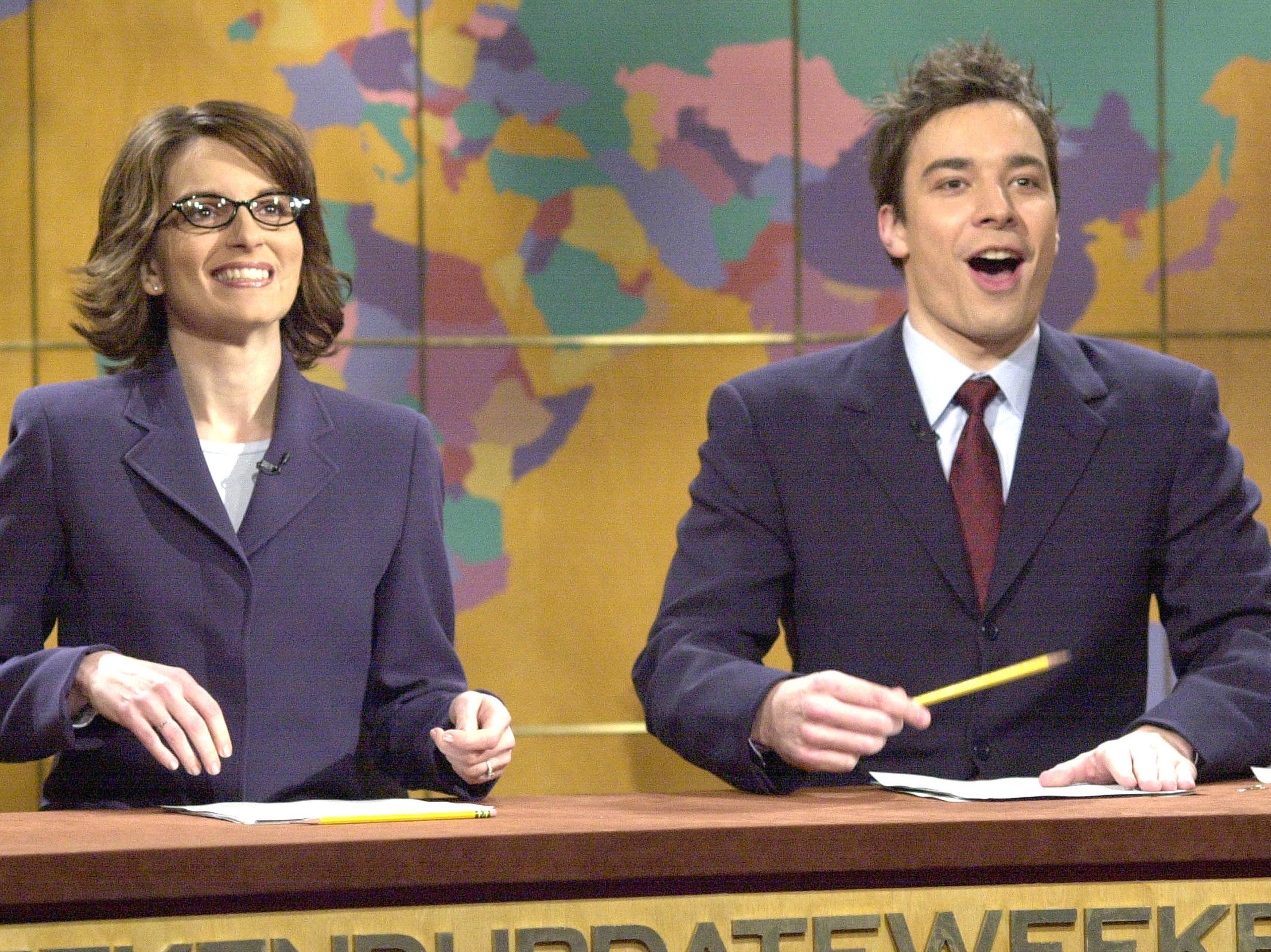 Tina Fey and Jimmy Fallon at the Weekend Update desk in 2002