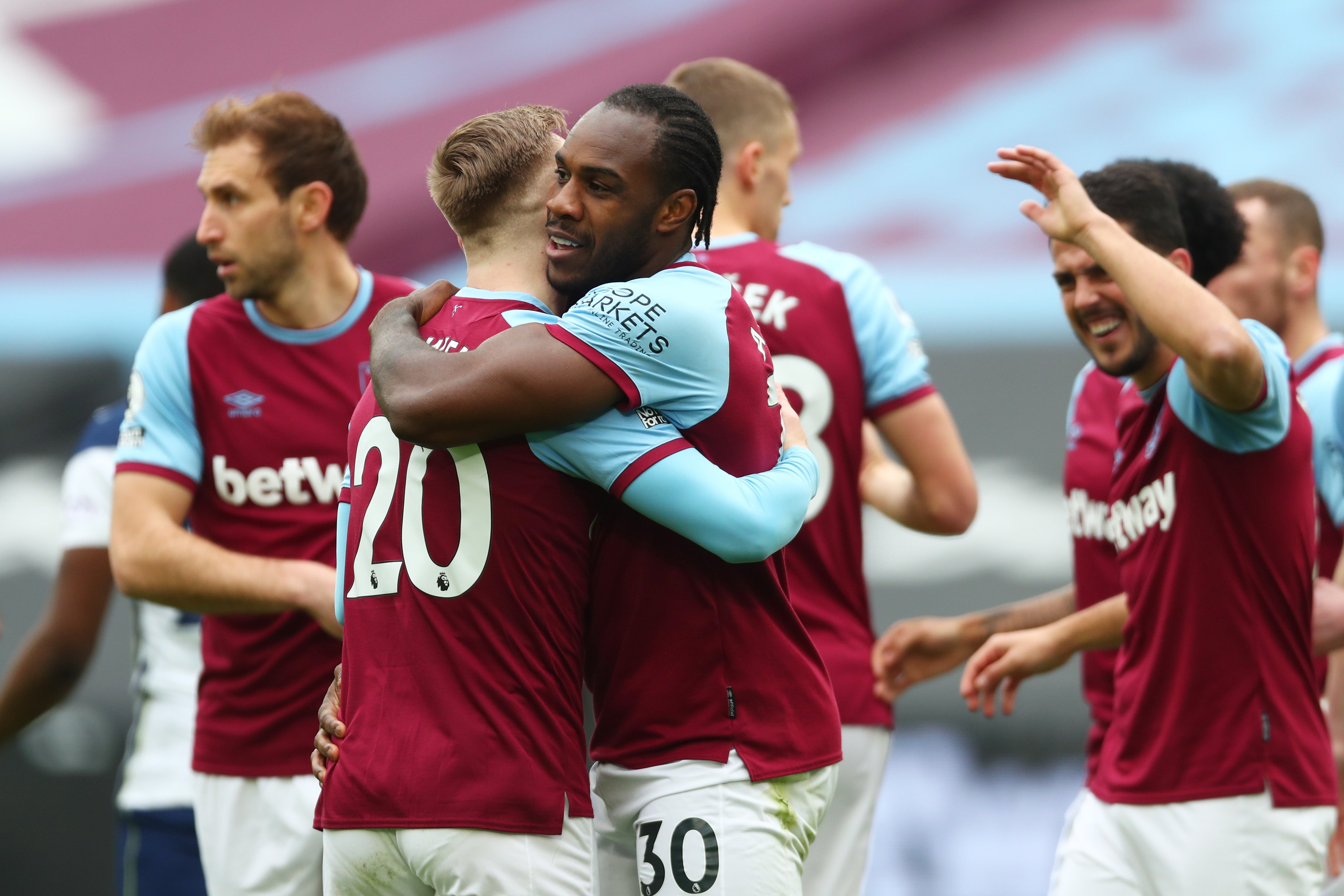 West Ham players celebrate Michail Antonio’s (centre) opener