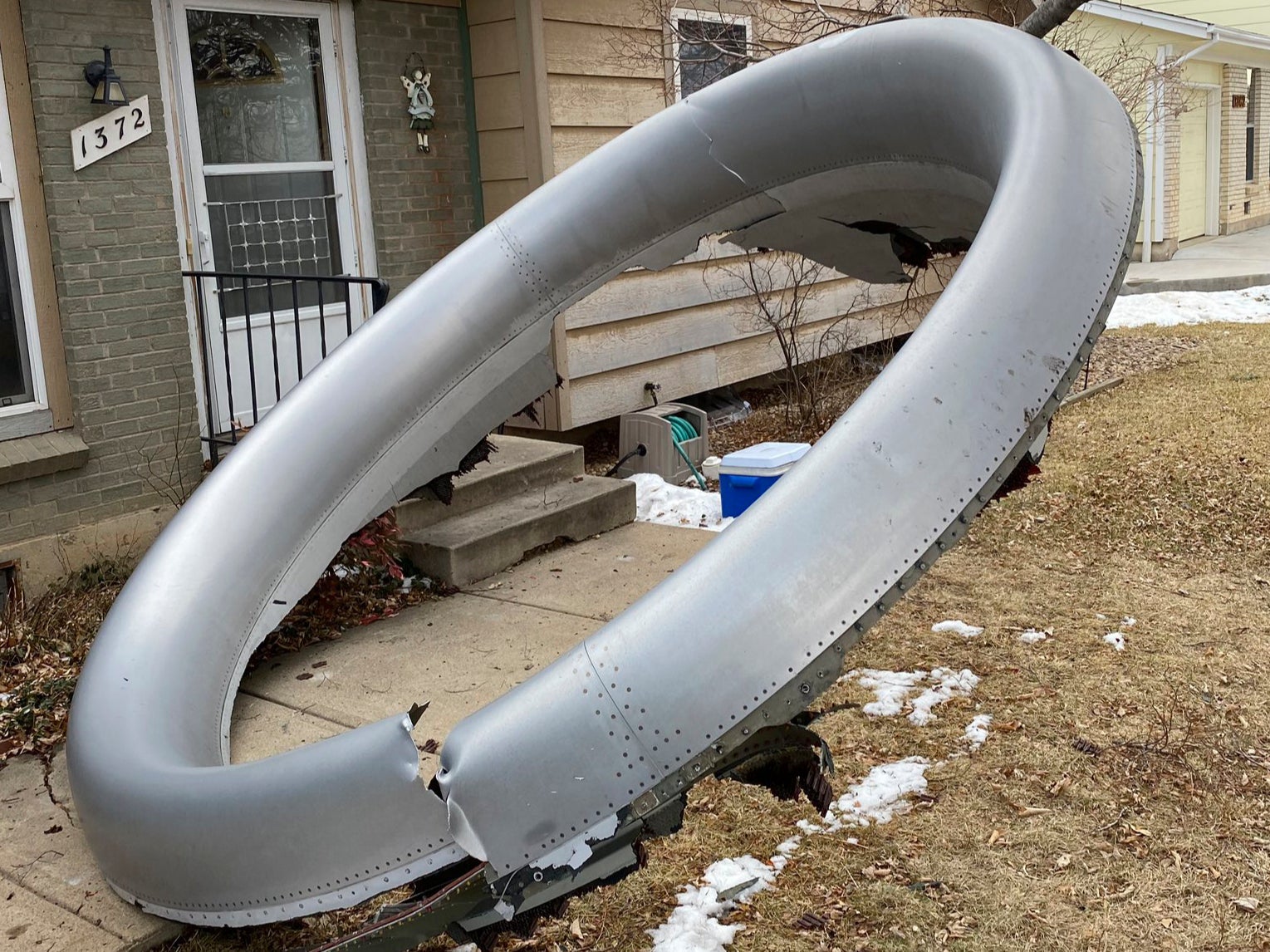 Uninvited guest: part of the engine of the United Airlines Boeing 777 that made an emergency landing at Denver