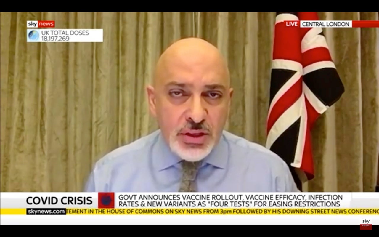 Vaccines minister Nadhim Zahawi takes part in an interview on Sky News on 22 February 2021