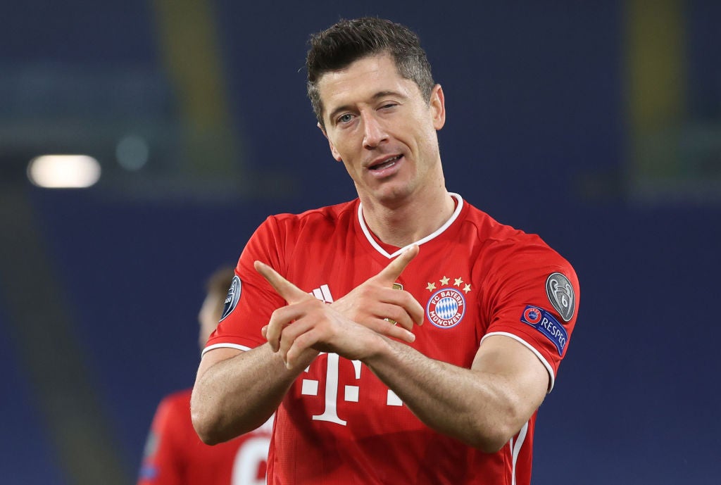 Robert Lewandowski celebrates after scoring in Rome