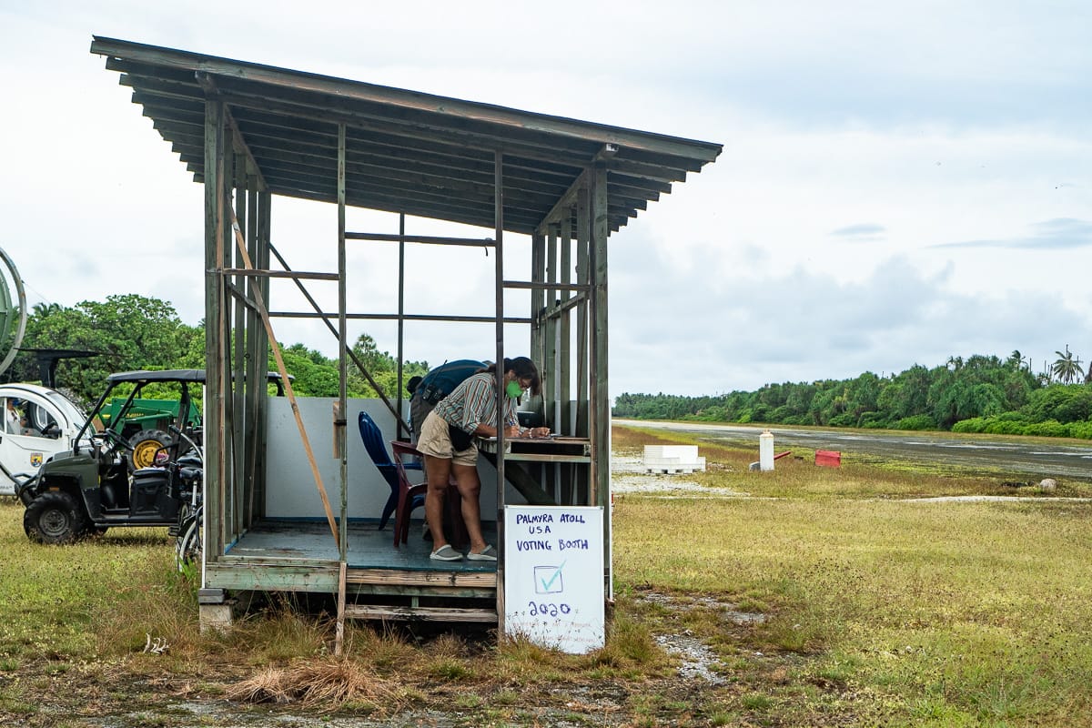 The scientists of Palmyra Atoll built a mini voting booth during the 2020 election.