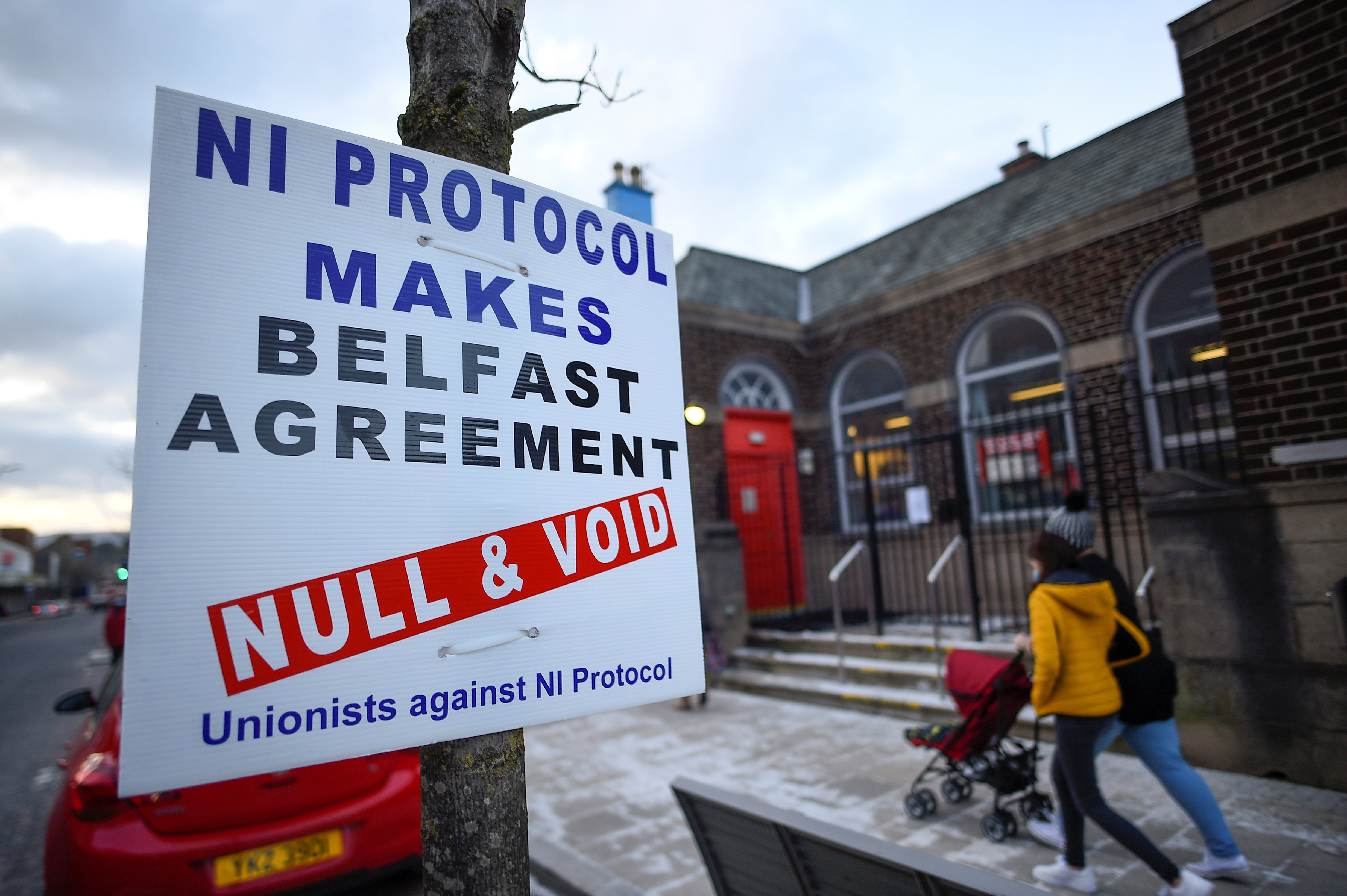 A protest sign with a message against border checks in Northern Ireland