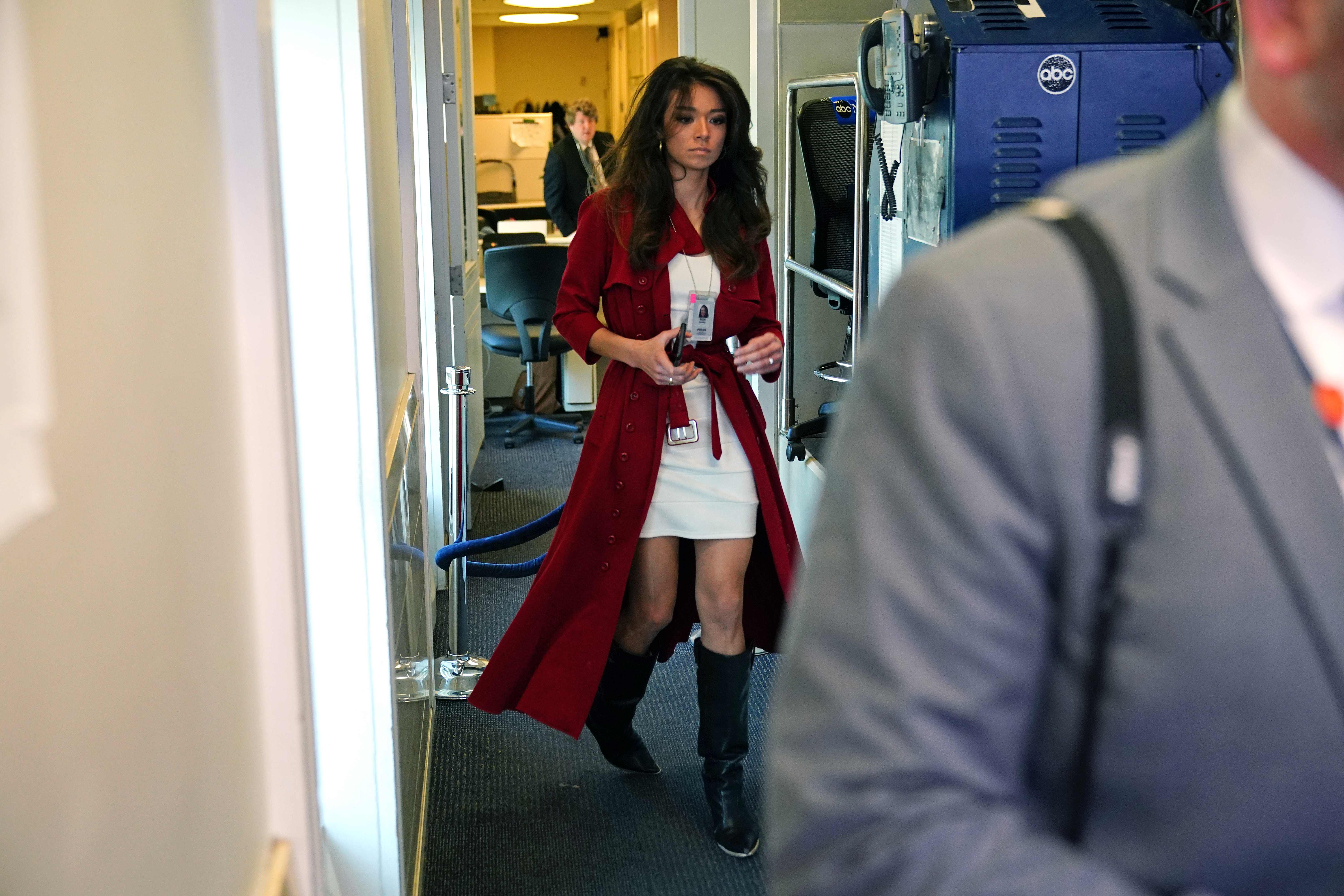 One America News Network correspondent Chanel Rion is seen during the daily briefing on the novel coronavirus, COVID-19, in the Brady Briefing Room at the White House on April 2, 2020, in Washington, DC.