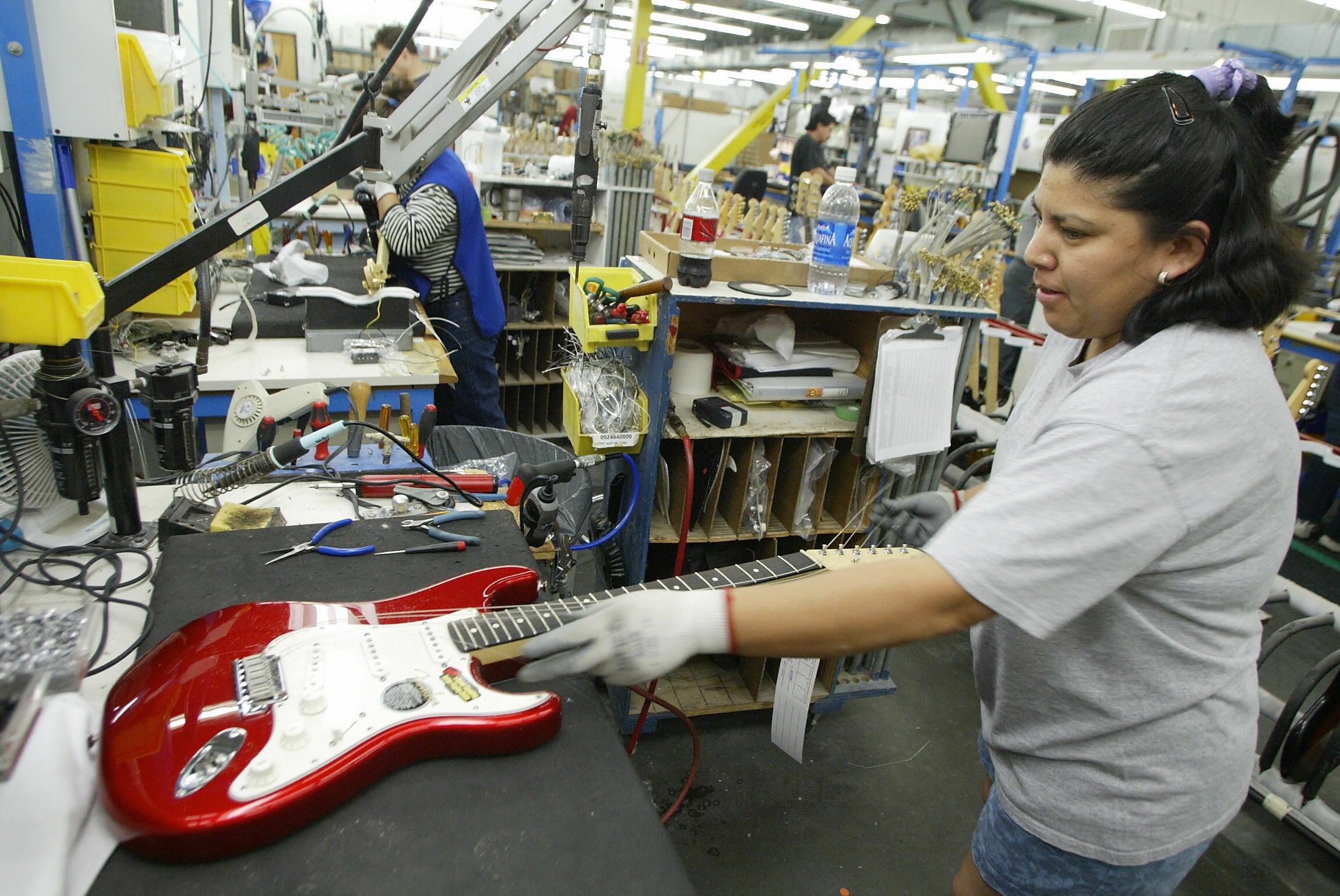 Margarita Fernandez assembles a Fender Stratocaster guitar, at the Fender manufacturing facility in Corona, California, 28 June 2004. The company announced in 2020 that climate change had caused a shortage of ash and so they would no longer be manufacturing electric guitars using it.