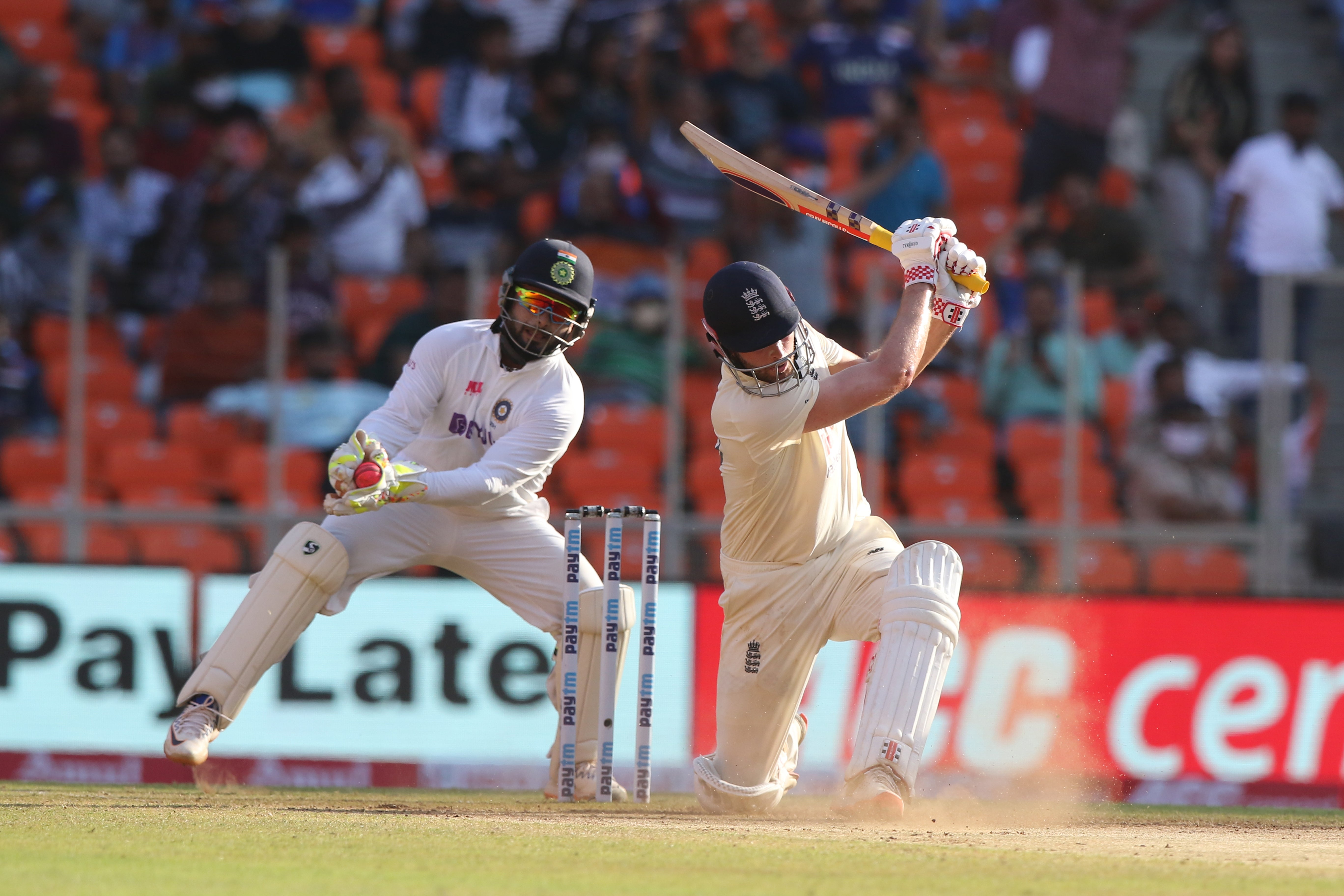 Rishabh Pant takes the catch to dismiss Dom Sibley