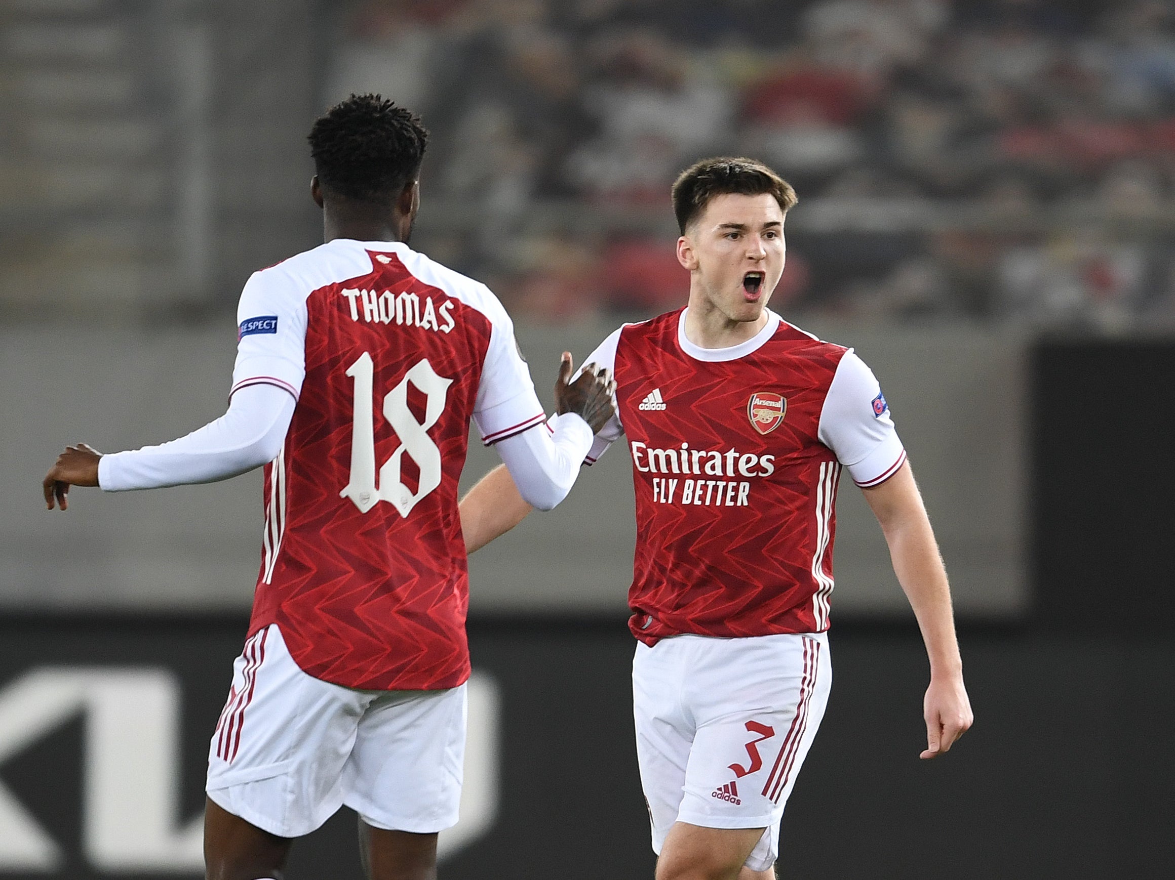 Kieran Tierney celebrates scoring against Benfica