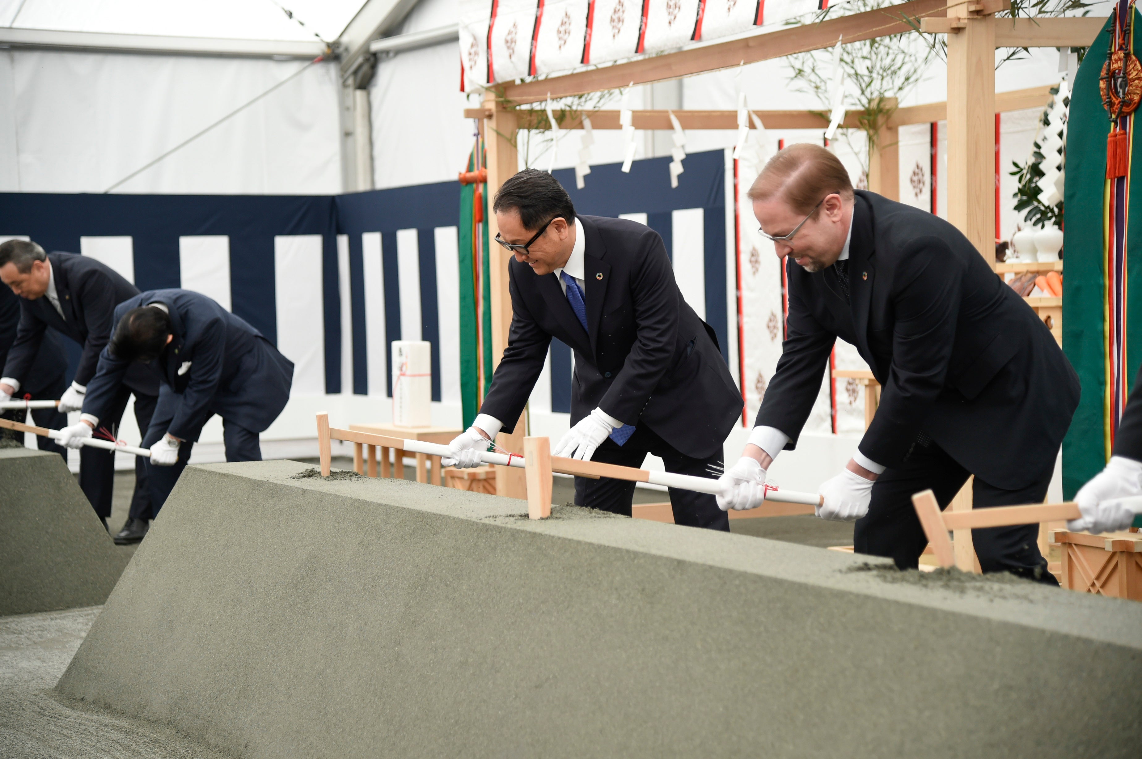 Toyota president Akio Toyoda takes part in a groundbreaking ceremony on Tuesday at the site of the ‘Woven City’