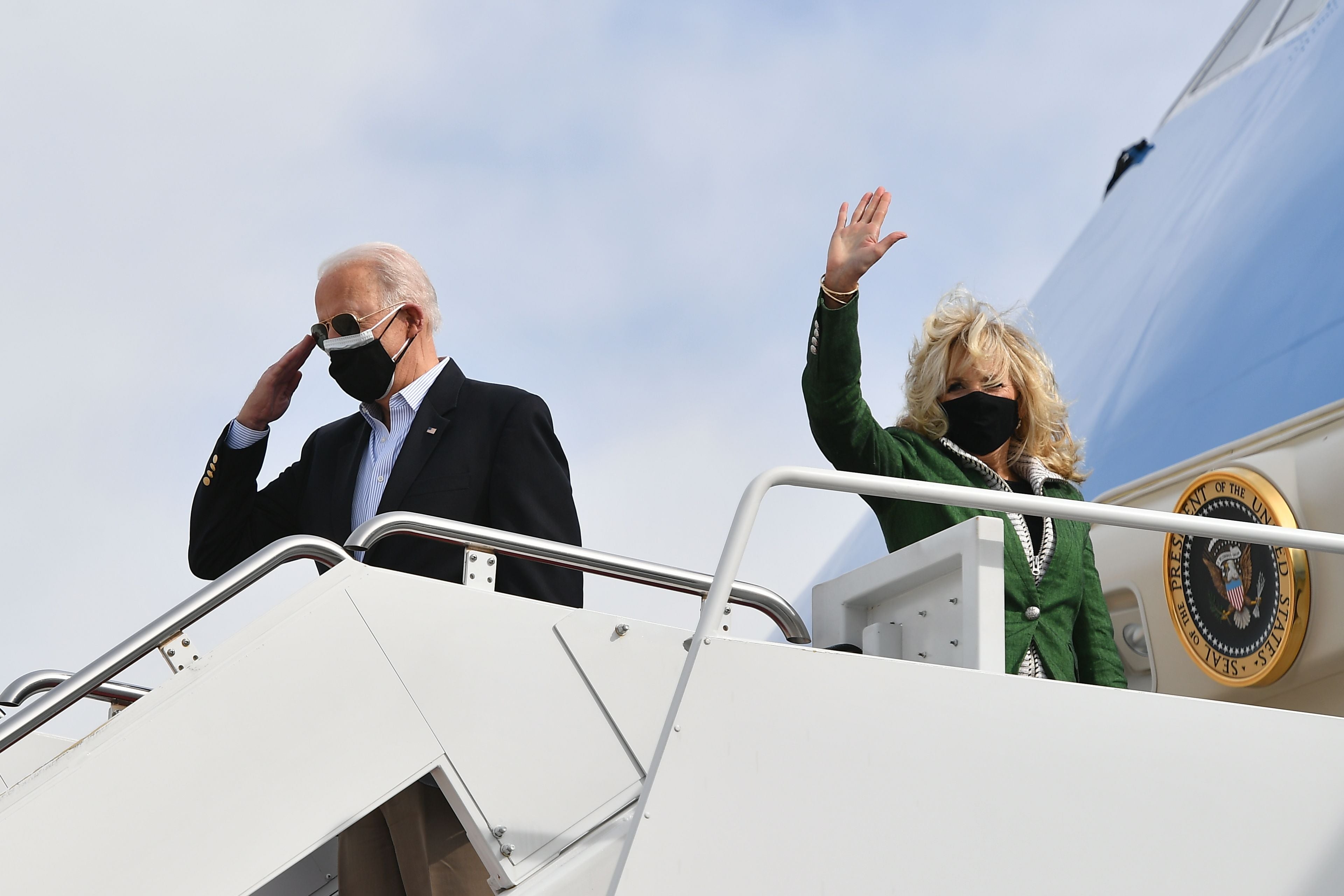 President Joe Biden and First Lady Jill Biden board Air Force One at Joint Base Andrews in Maryland on 26 February, 2021