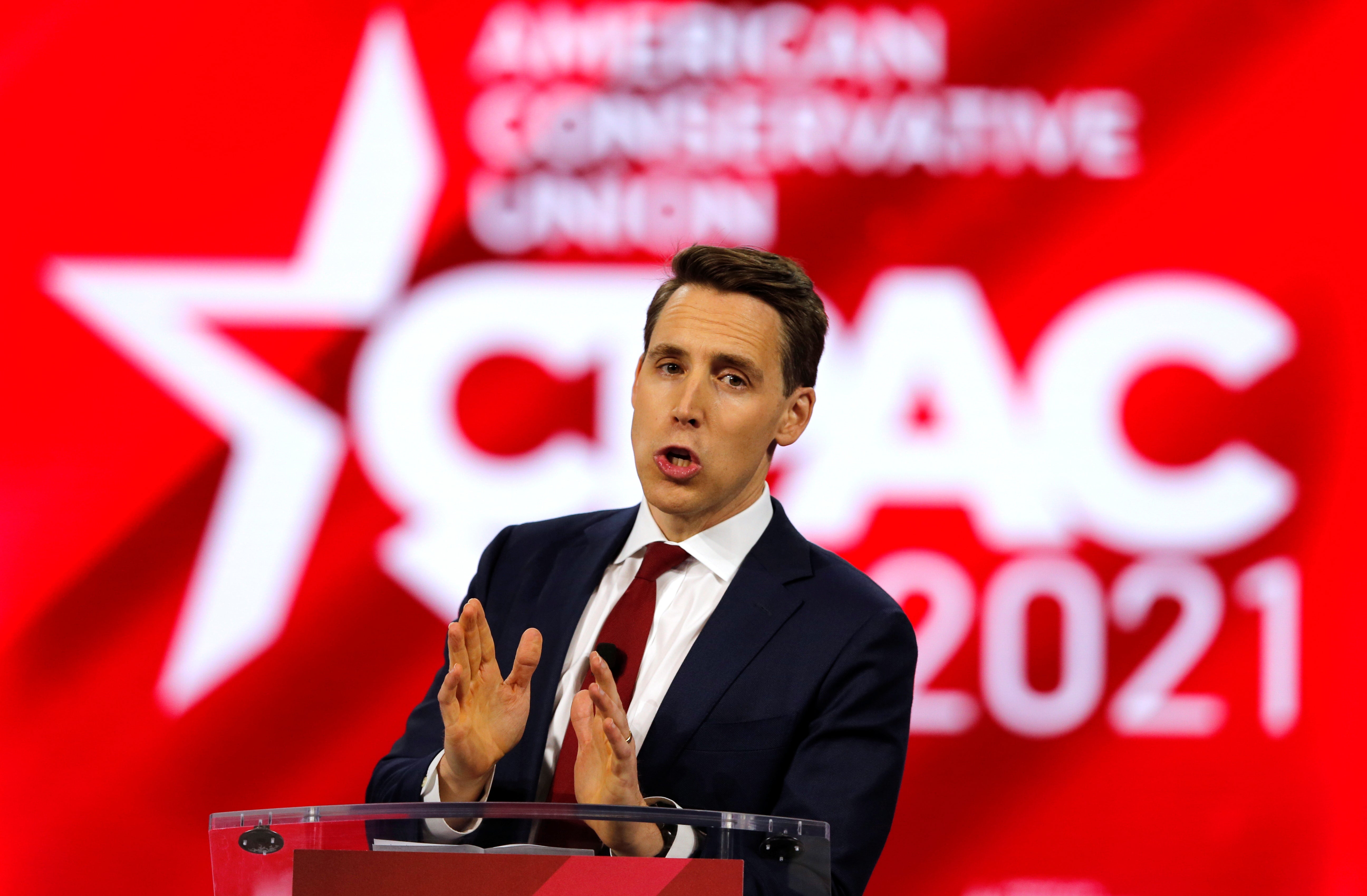 Republican representative Josh Hawley pictured at the Conservative Political Action Conference last week where he mocked cancel culture, despite decrying it online