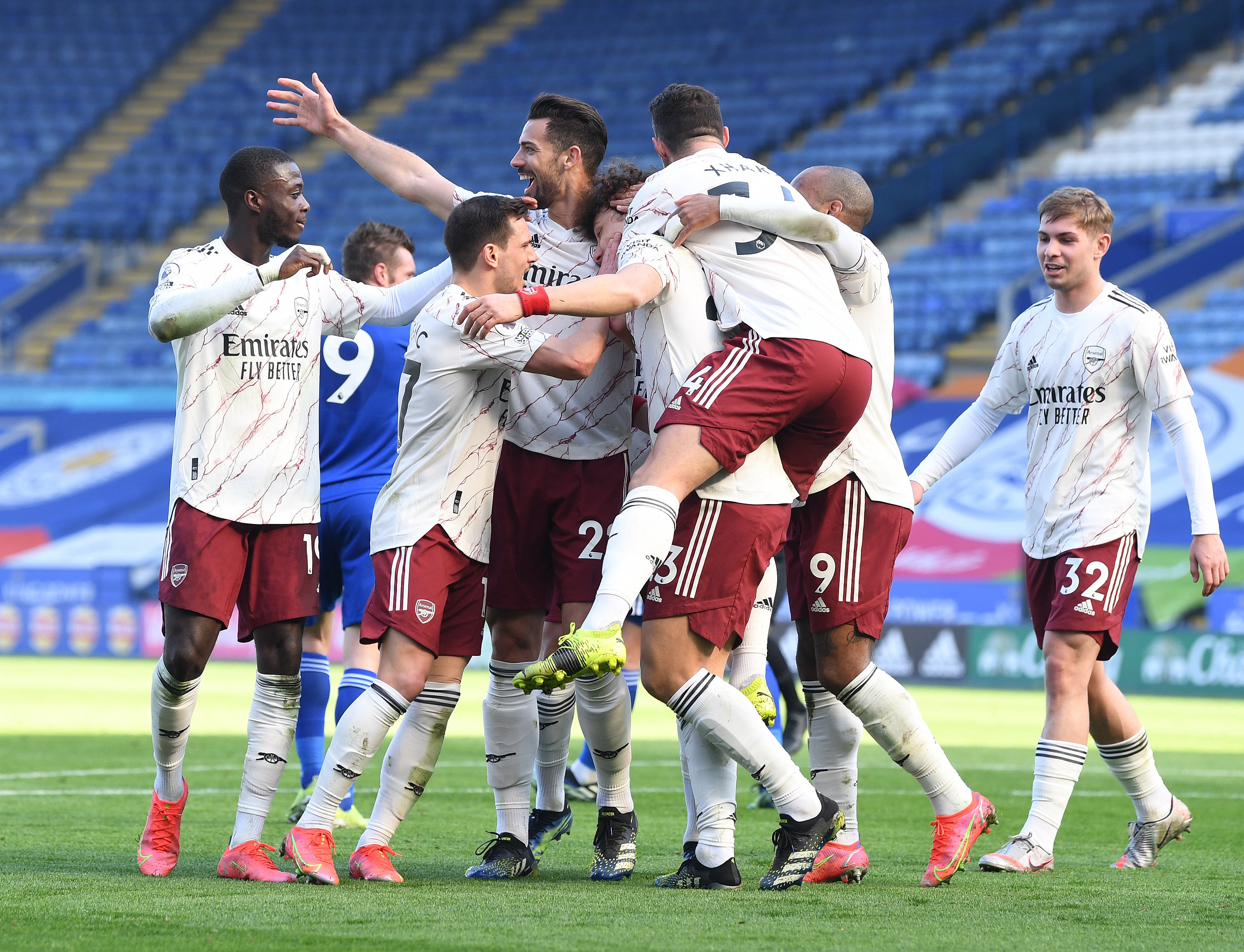 Arsenal celebrate scoring against Leicester